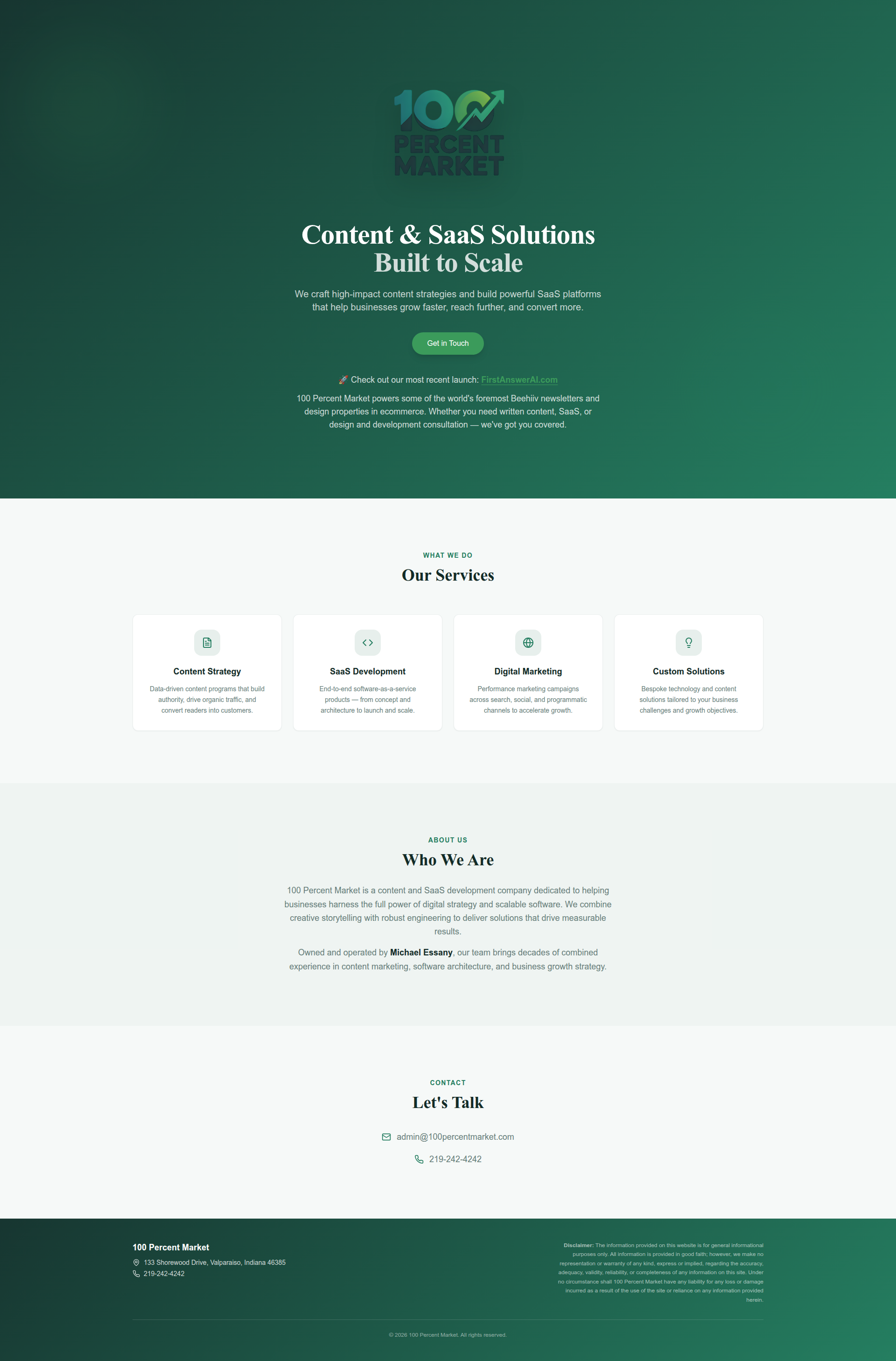Landing page screenshot for 100percentmarket.com, 1920 by 2916 pixels