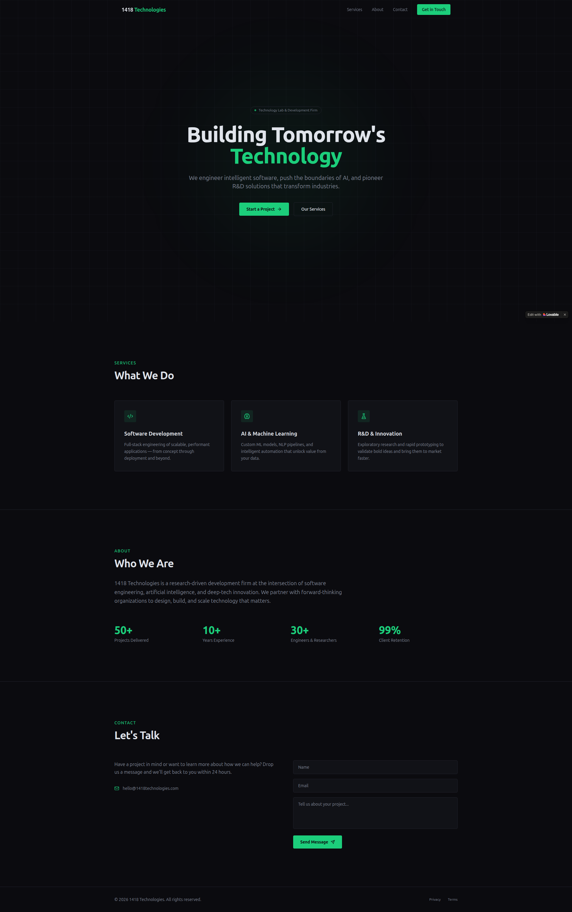 Landing page screenshot for 1418tech.com, 1920 by 3061 pixels