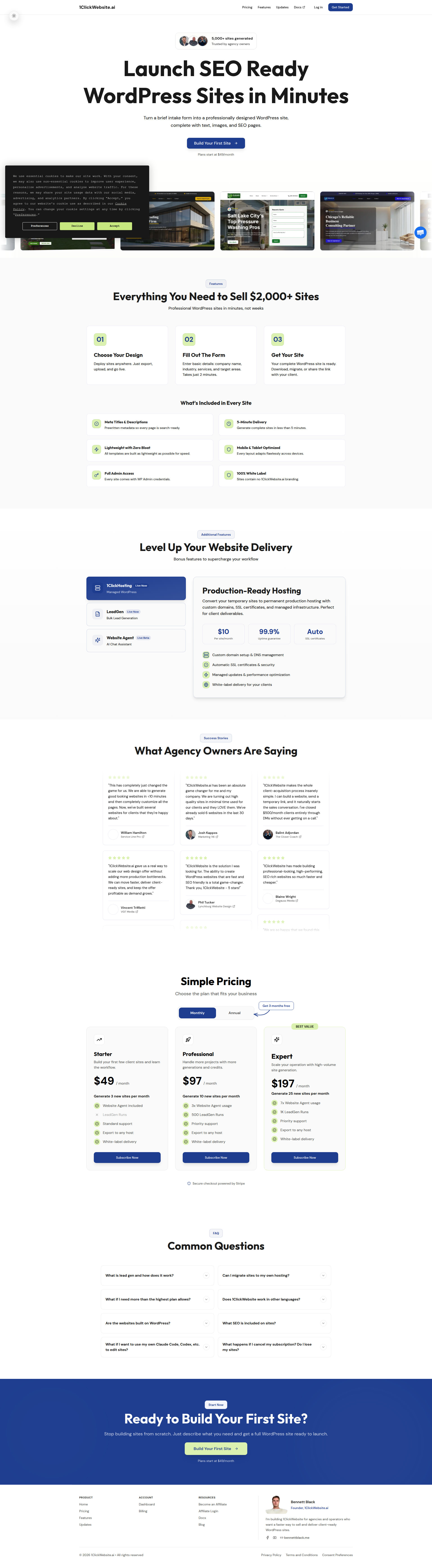 Landing page screenshot for 1clickwebsite.ai, 1920 by 6964 pixels