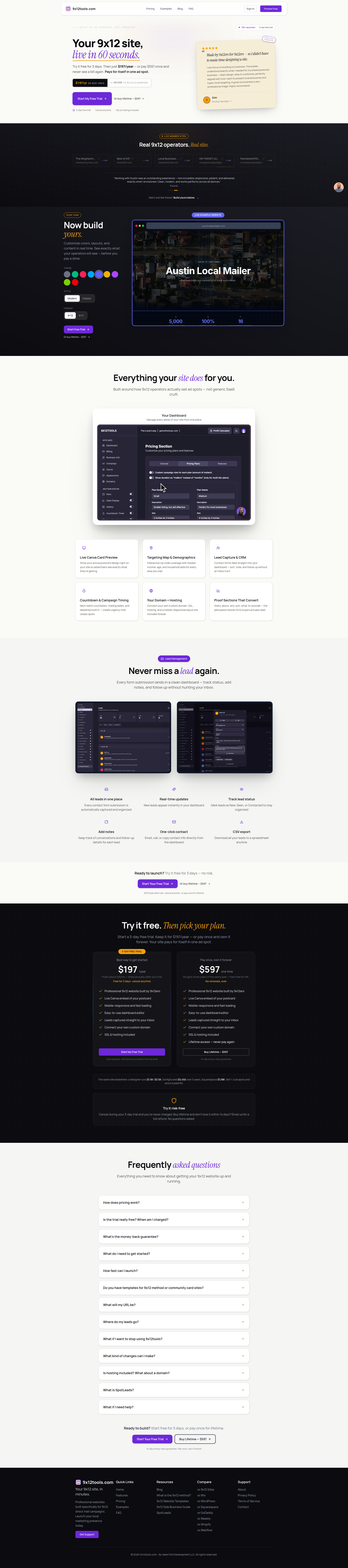 Landing page screenshot for 9x12tools.com, 1920 by 8648 pixels