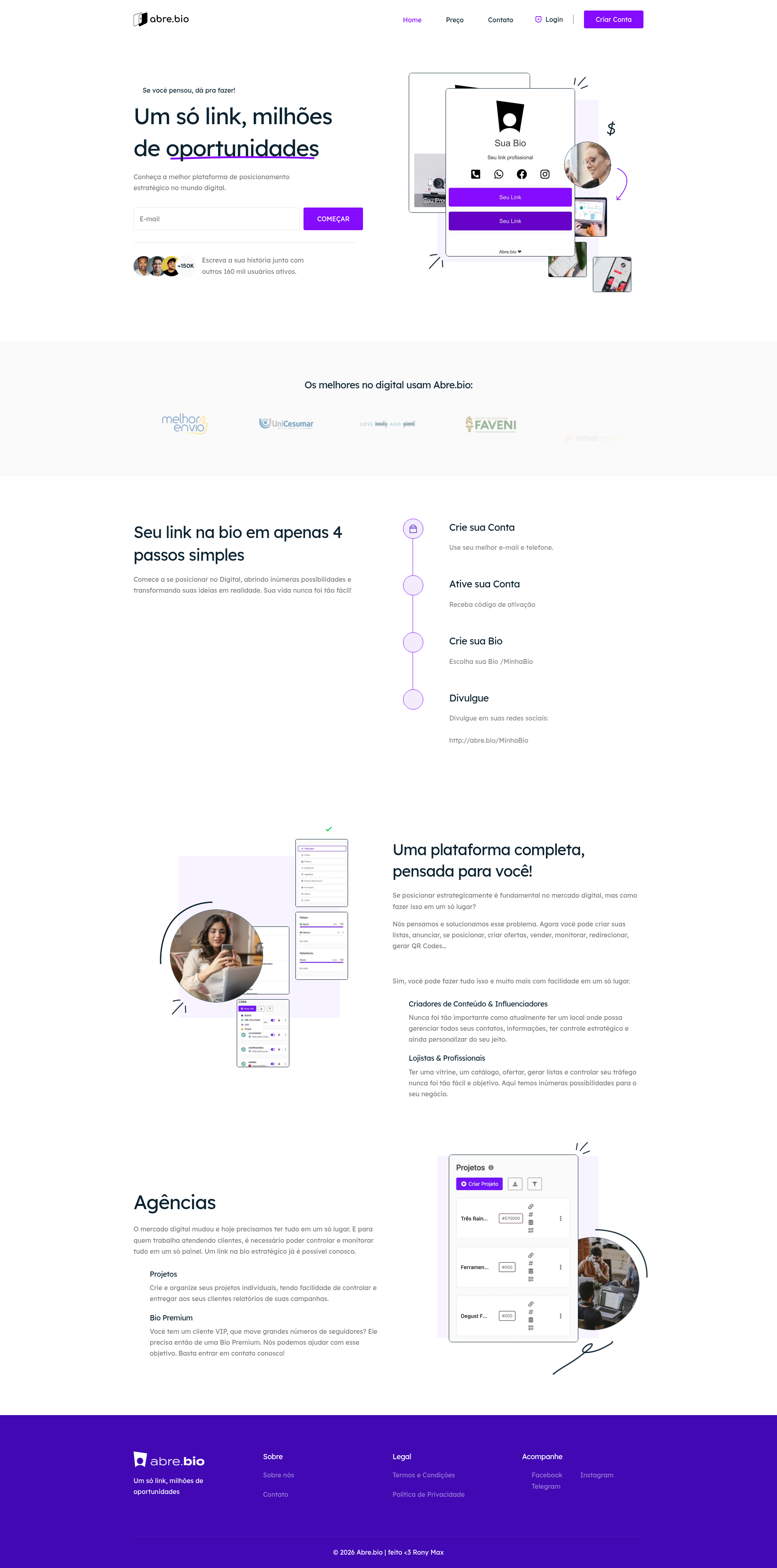Landing page screenshot for abre.bio, 1920 by 3876 pixels