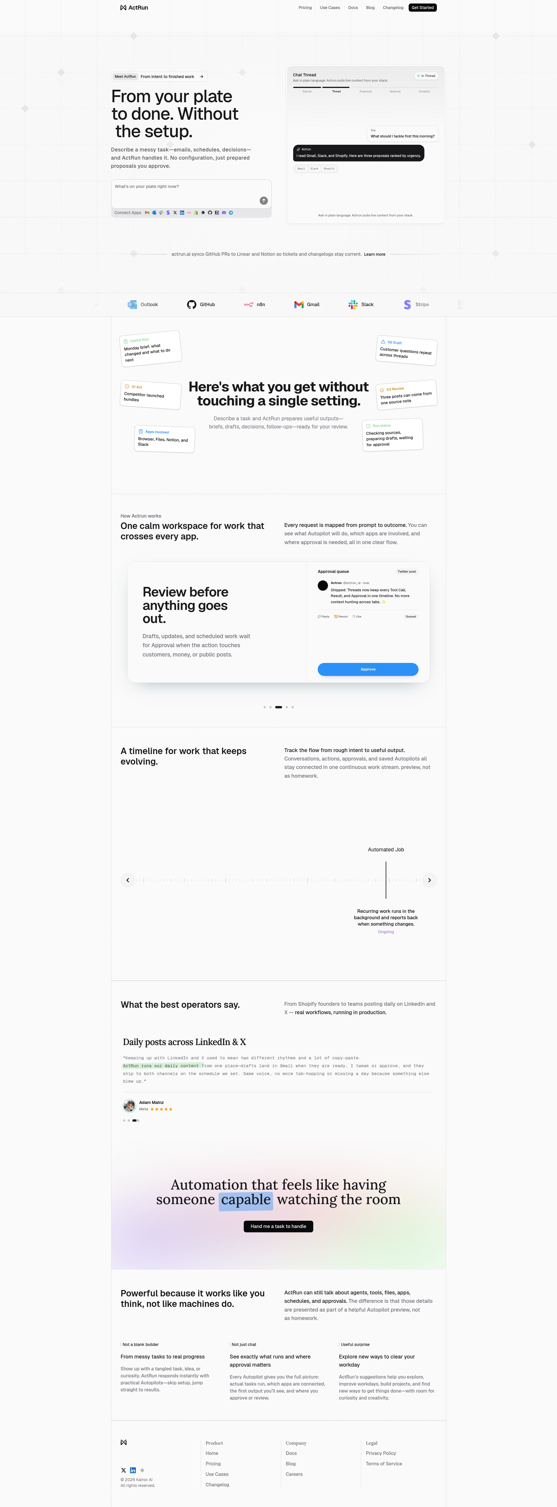 Landing page screenshot for actrun.ai, 1915 by 5174 pixels