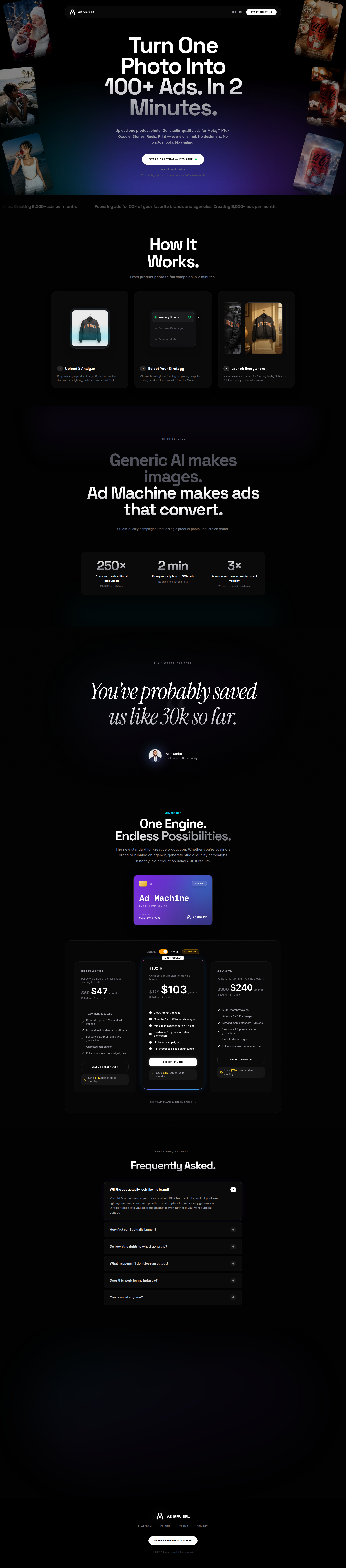 Landing page screenshot for admachine.xyz, 1920 by 8697 pixels