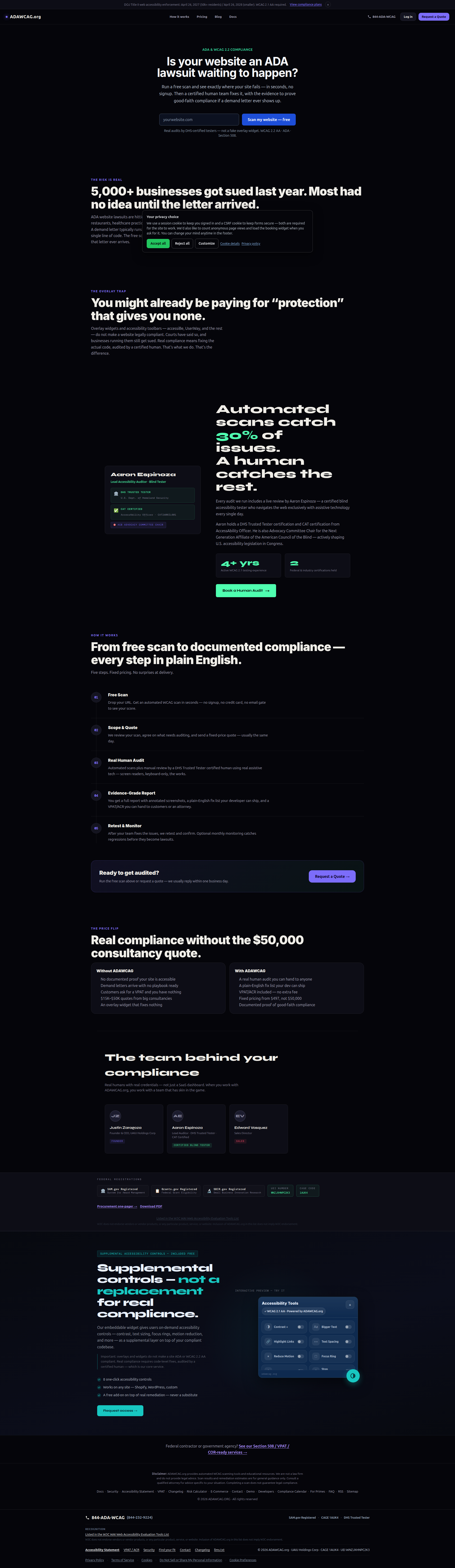 Landing page screenshot for adawcag.org, 1920 by 6609 pixels