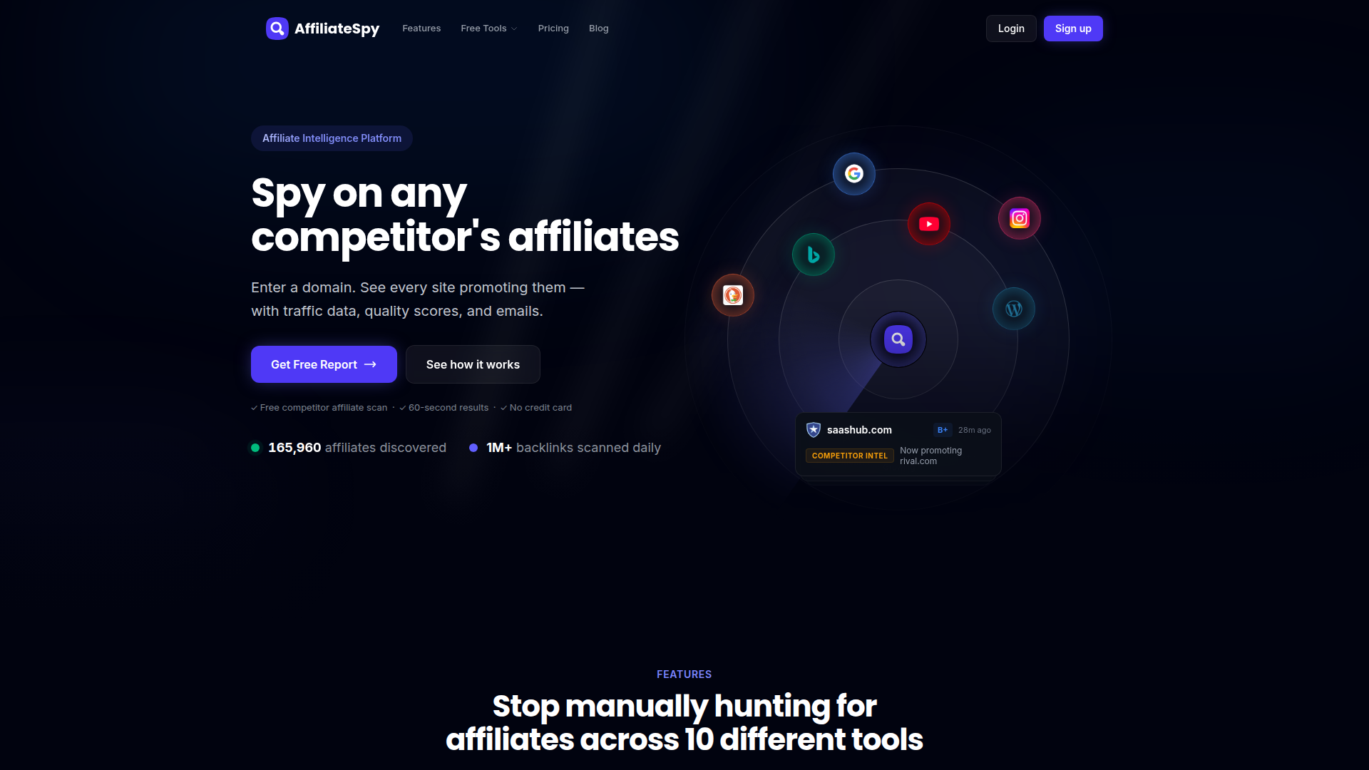 Landing page screenshot for affiliatespy.io, 1920 by 1080 pixels