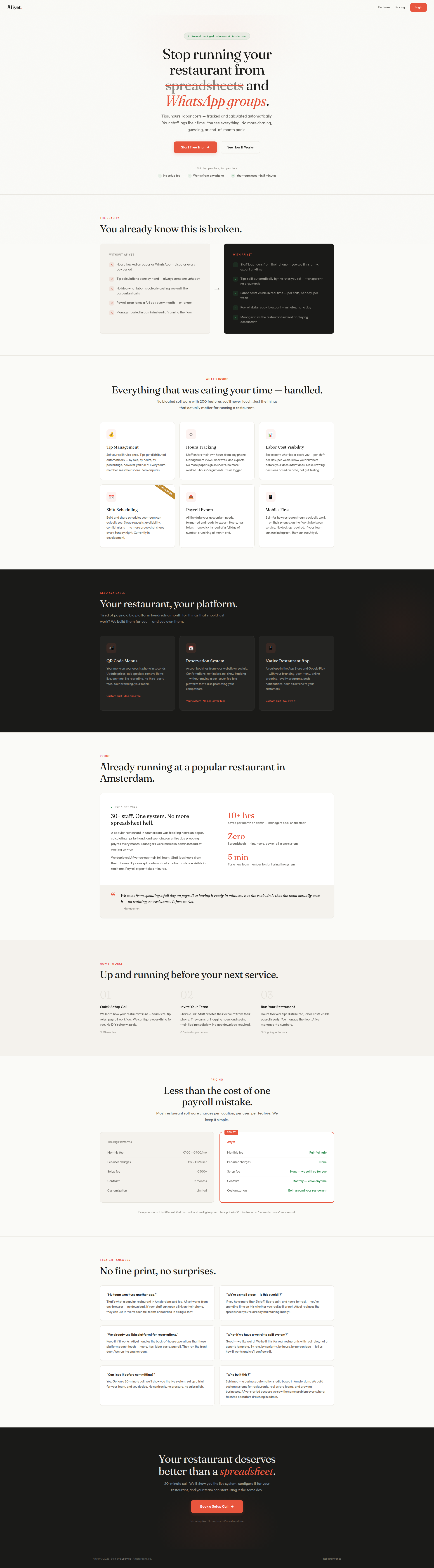Landing page screenshot for afiyet.co, 1920 by 6939 pixels