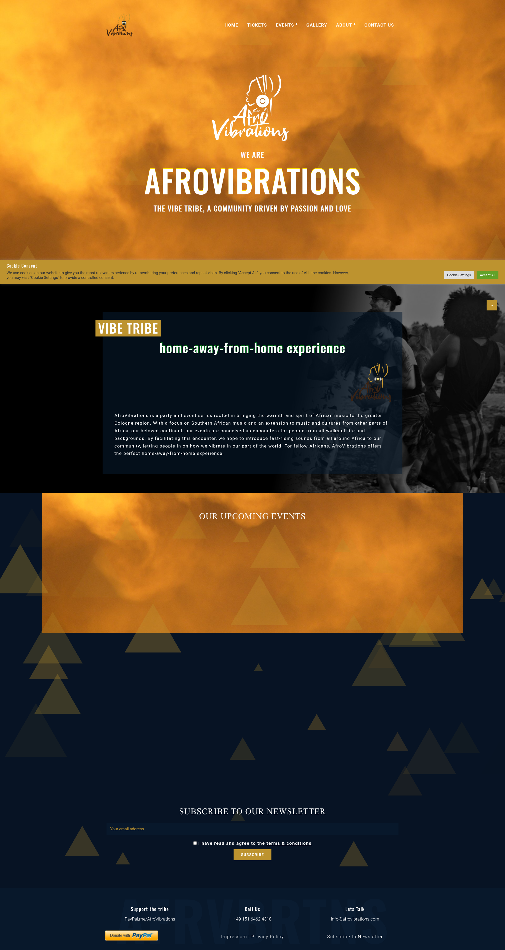 Landing page screenshot for afrovibrations.com, 1920 by 3611 pixels