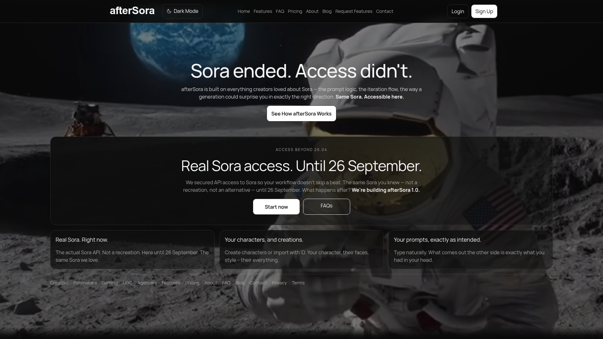 Landing page screenshot for aftersora.com, 1920 by 1080 pixels