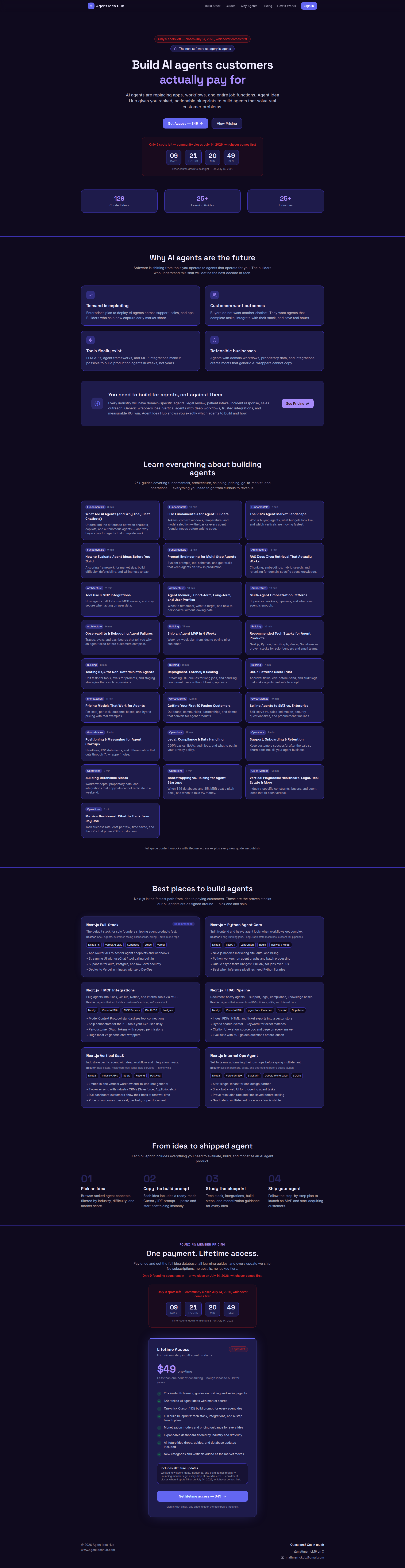Landing page screenshot for agentideahub.com, 1920 by 7430 pixels