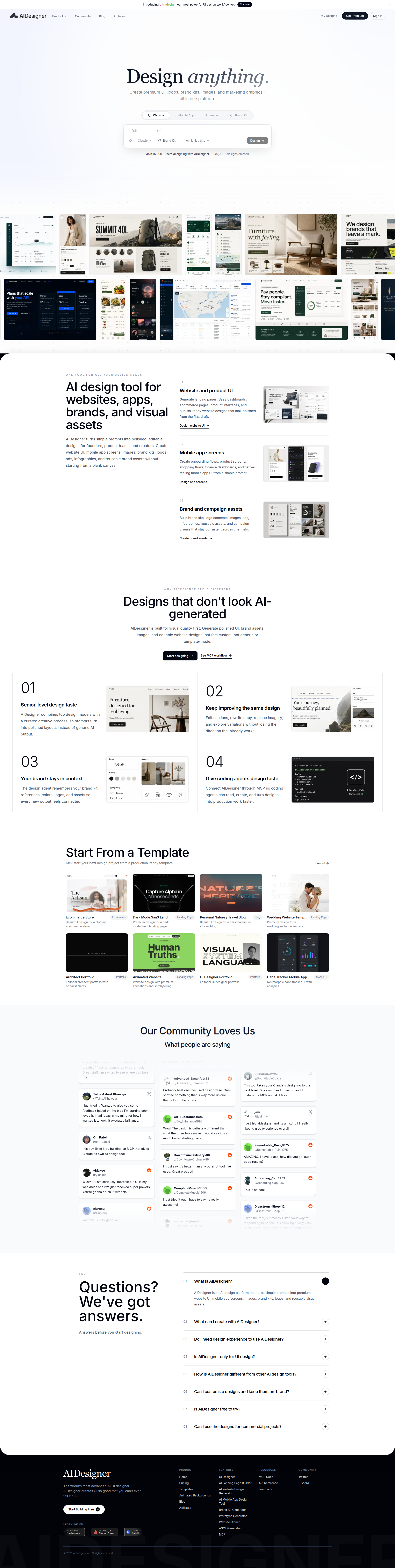 Landing page screenshot for aidesigner.ai, 1920 by 7626 pixels