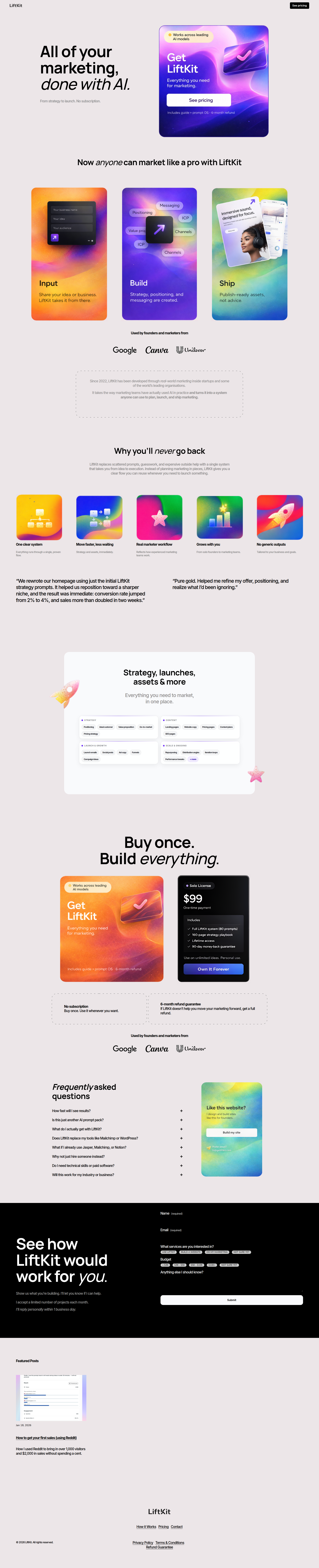 Landing page screenshot for getliftkit.com, 1920 by 9437 pixels