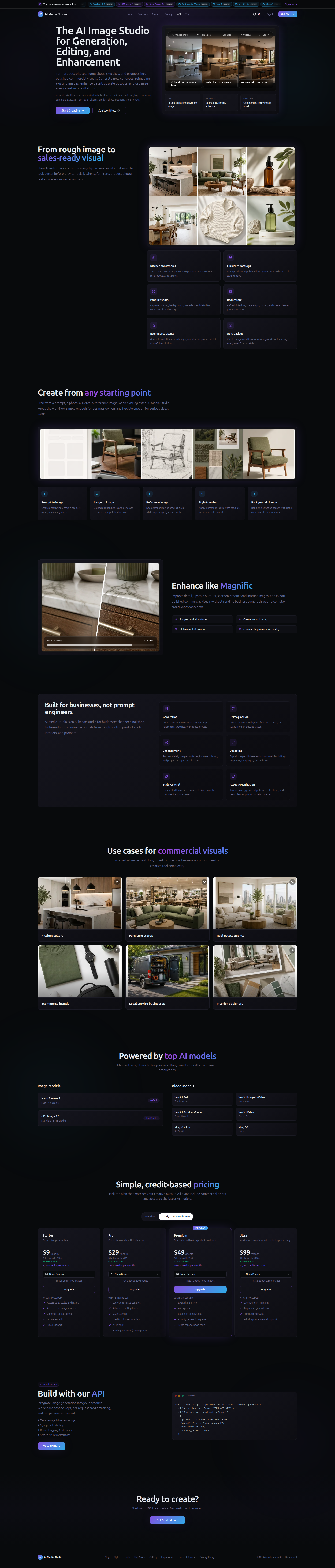 Landing page screenshot for ai-media-studio.com, 1920 by 8995 pixels