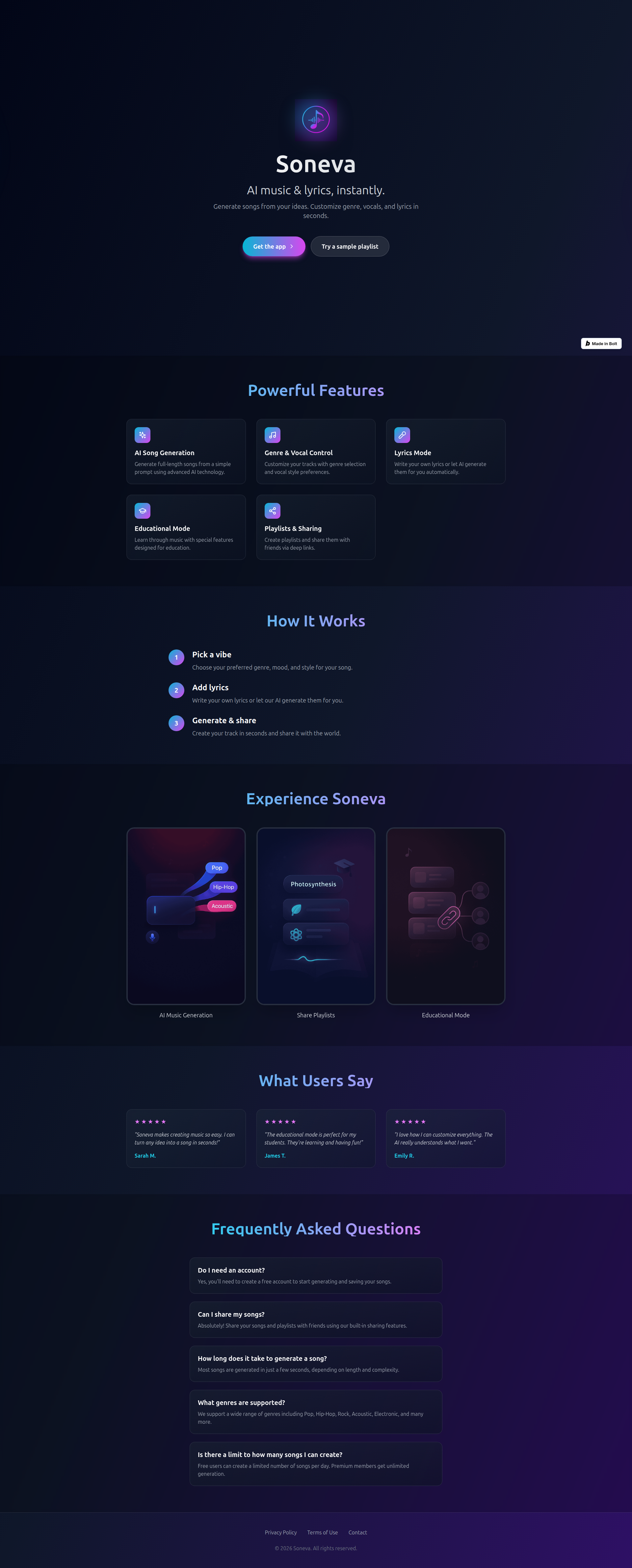 Landing page screenshot for sonevamusic.com, 1920 by 4761 pixels