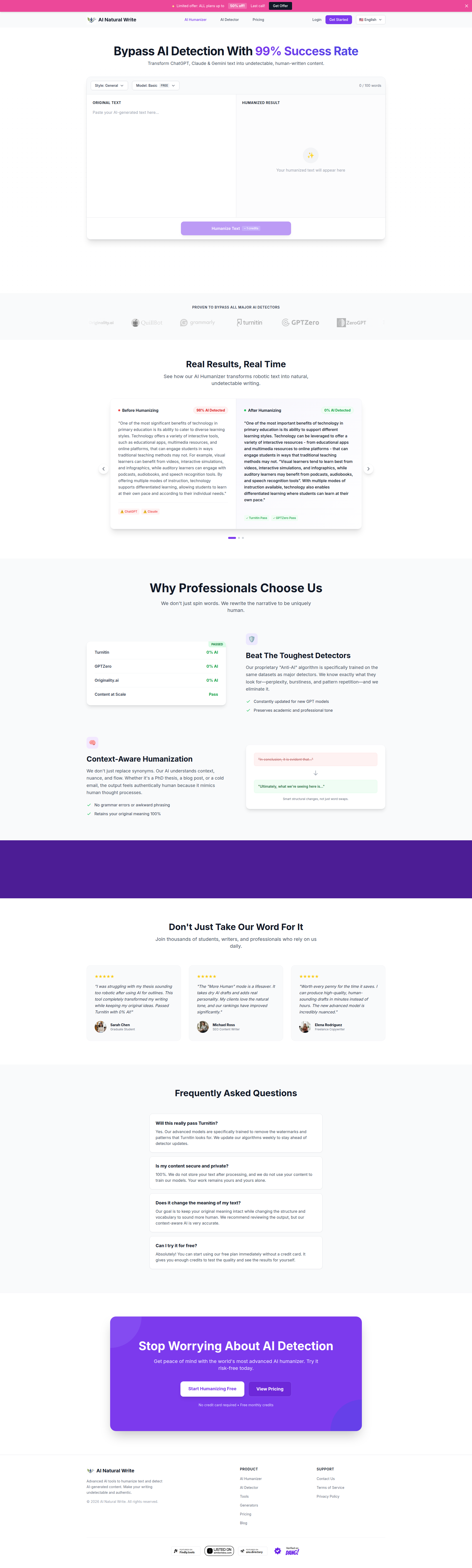 Landing page screenshot for ainaturalwrite.com, 1920 by 6378 pixels