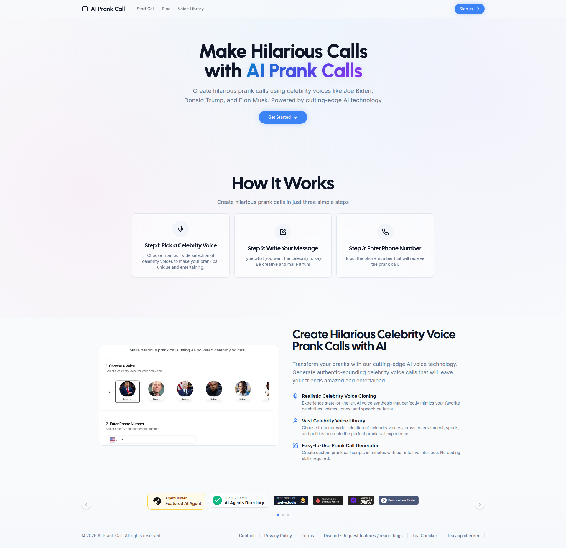 Landing page screenshot for prankcaller.fun, 1920 by 1860 pixels
