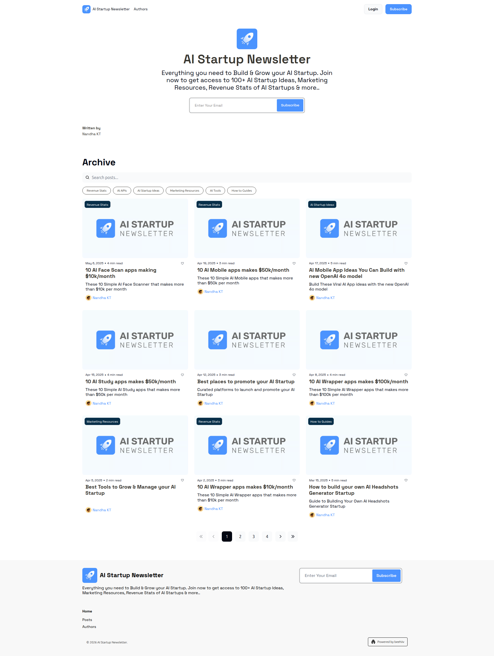 Landing page screenshot for newsletter.aistartup.co, 1920 by 2547 pixels