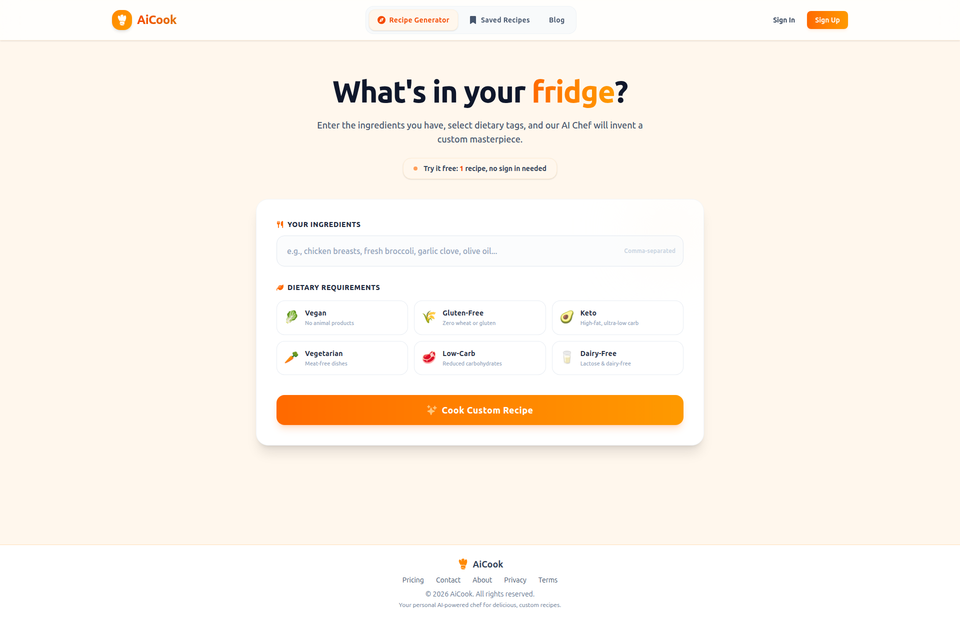 Landing page screenshot for aicook.food, 1920 by 1242 pixels