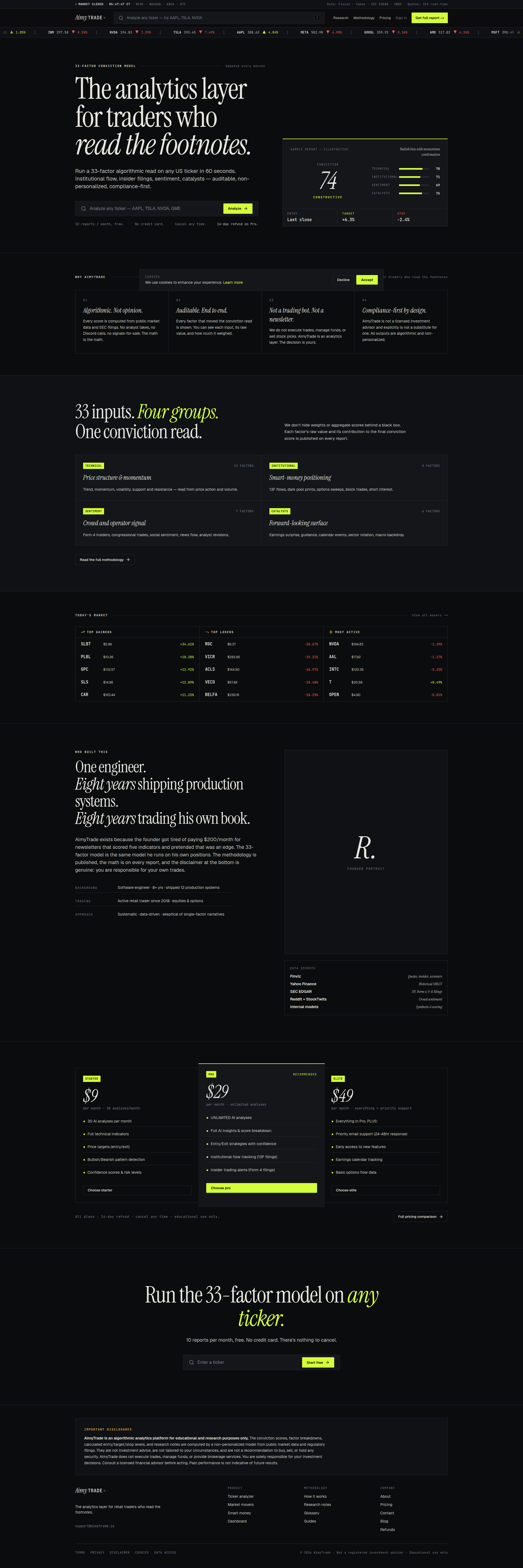 Landing page screenshot for aimytrade.io, 1920 by 5758 pixels