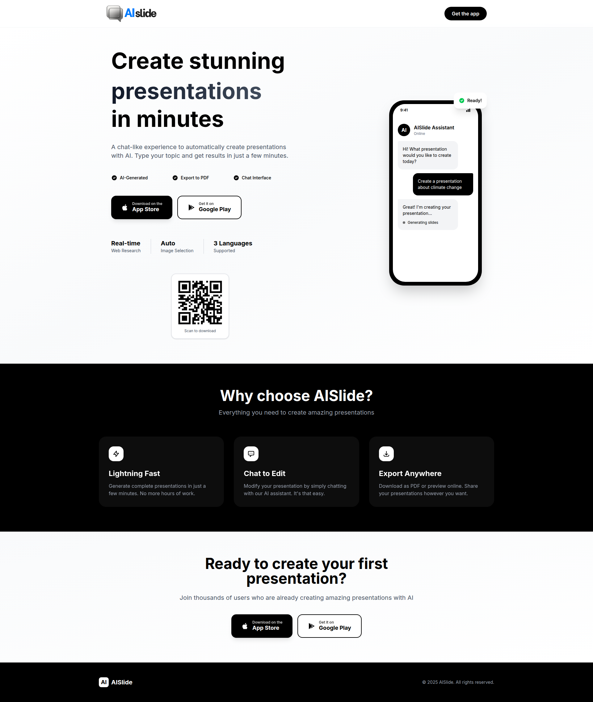 Landing page screenshot for aislide.app, 1920 by 2274 pixels