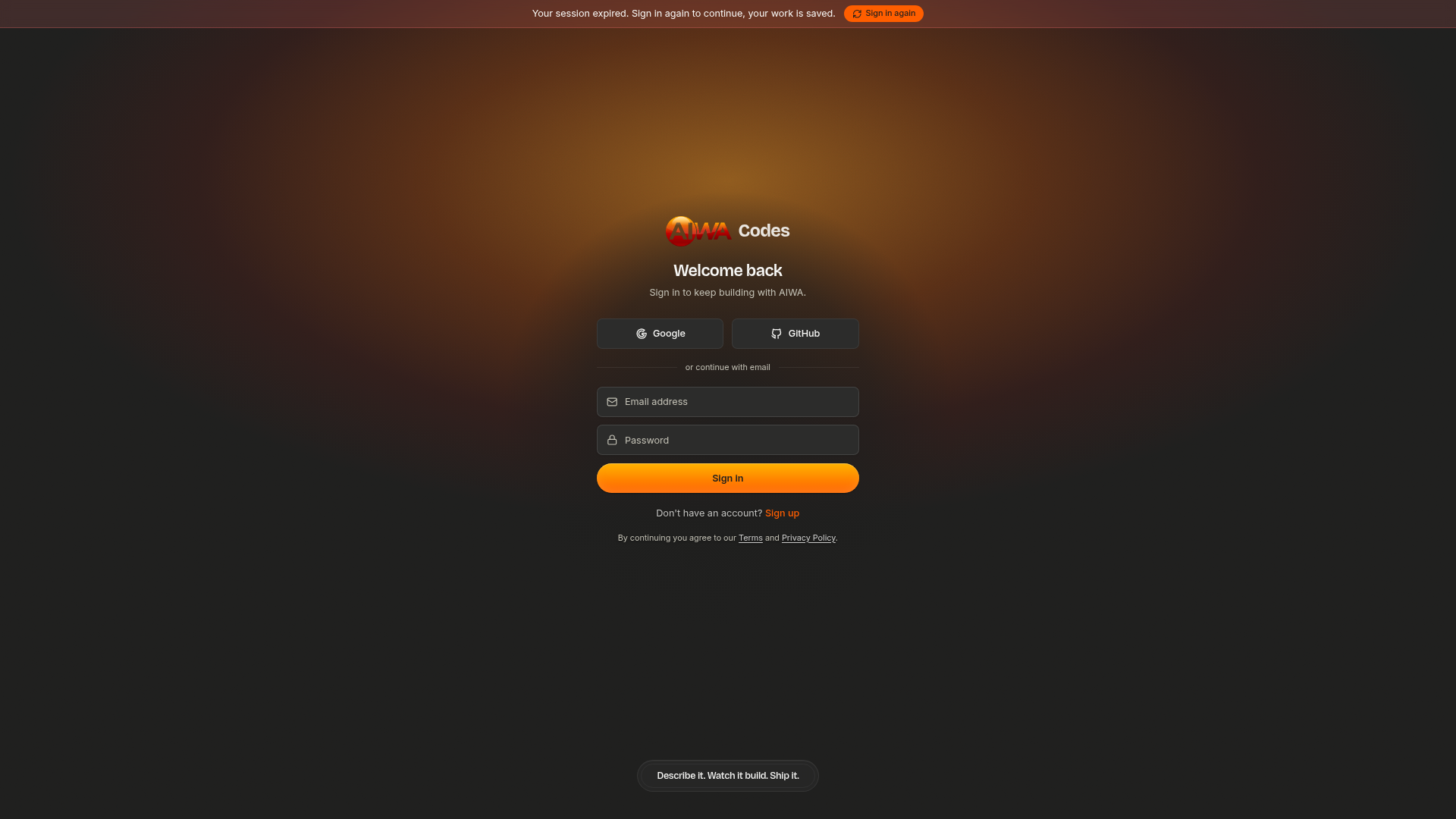 Landing page screenshot for aiwa.codes, 1920 by 1080 pixels