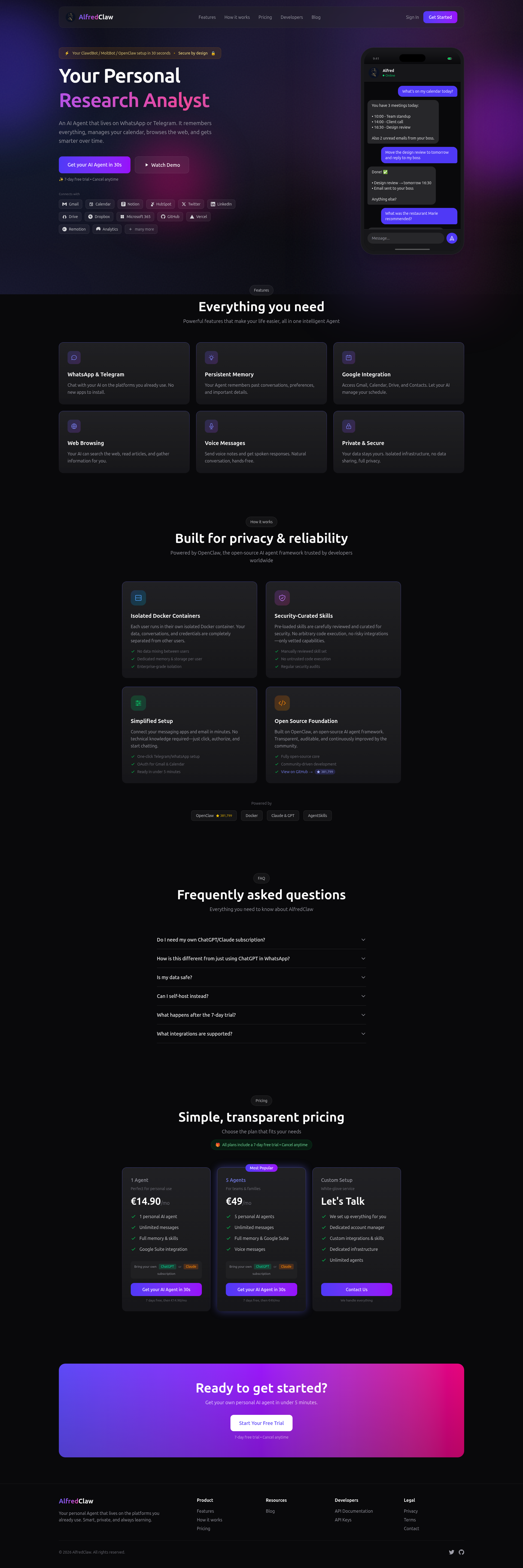 Landing page screenshot for alfredclaw.com, 1920 by 5754 pixels