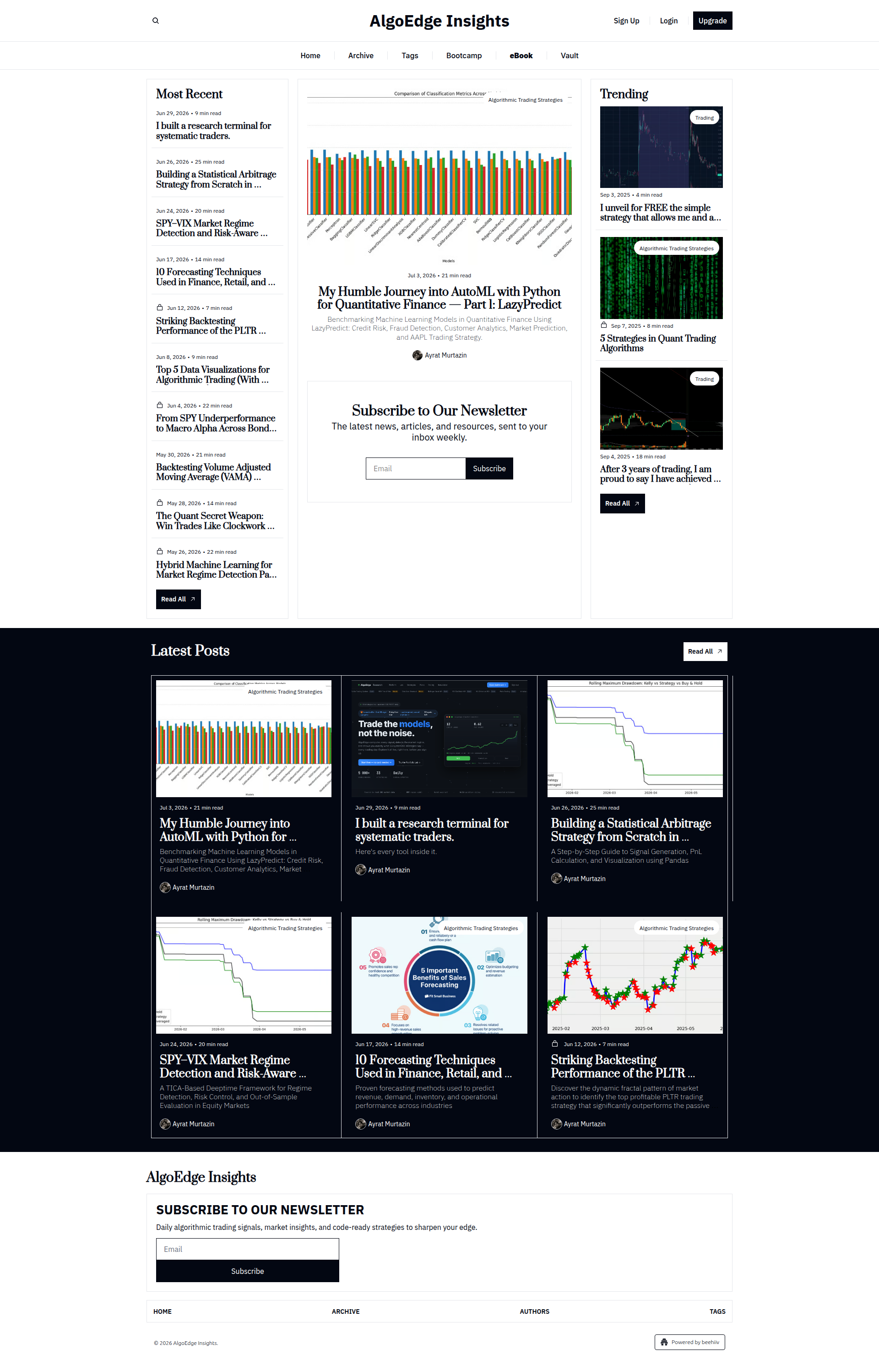 Landing page screenshot for algoedgeinsights.beehiiv.com, 1920 by 2993 pixels