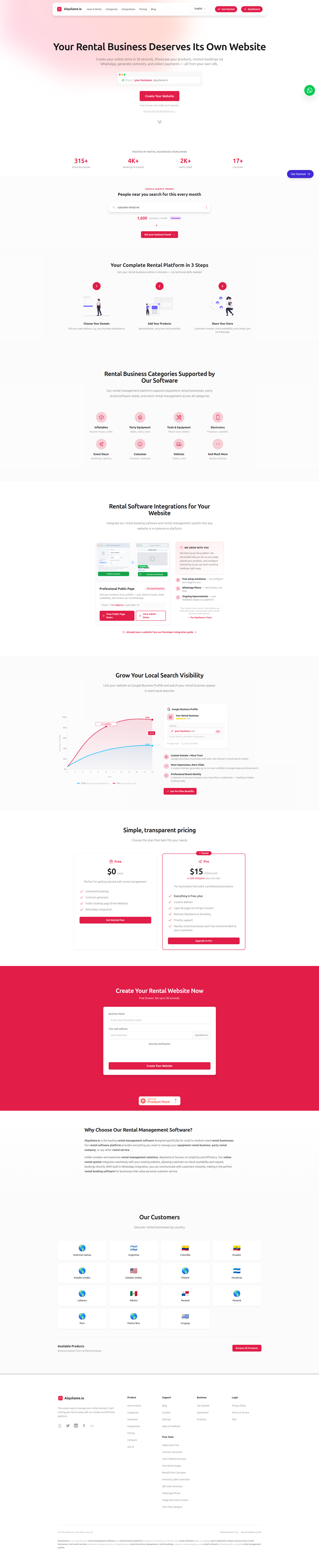 Landing page screenshot for alquilame.io, 1905 by 9371 pixels