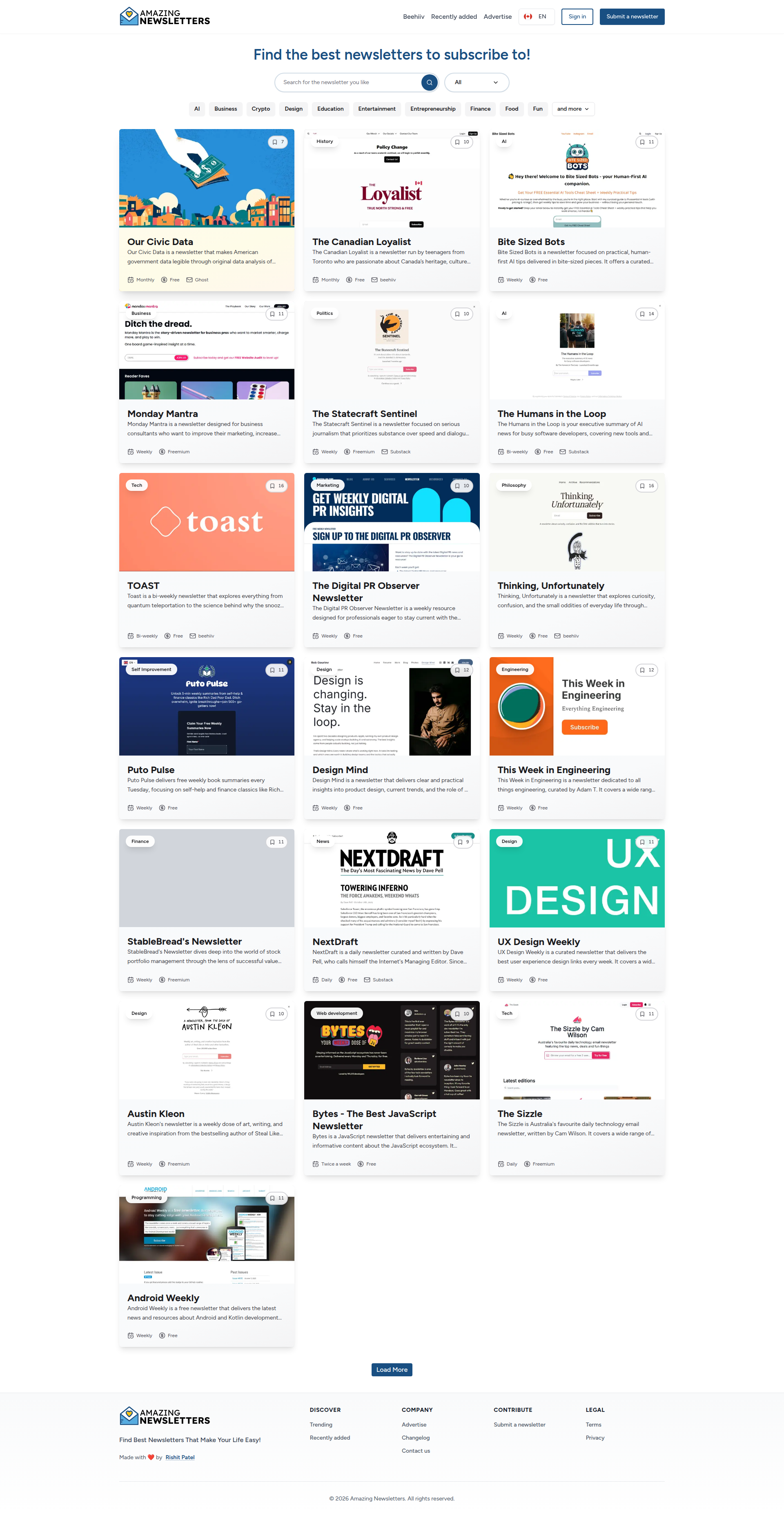 Landing page screenshot for amazingnewsletters.com, 1920 by 3712 pixels