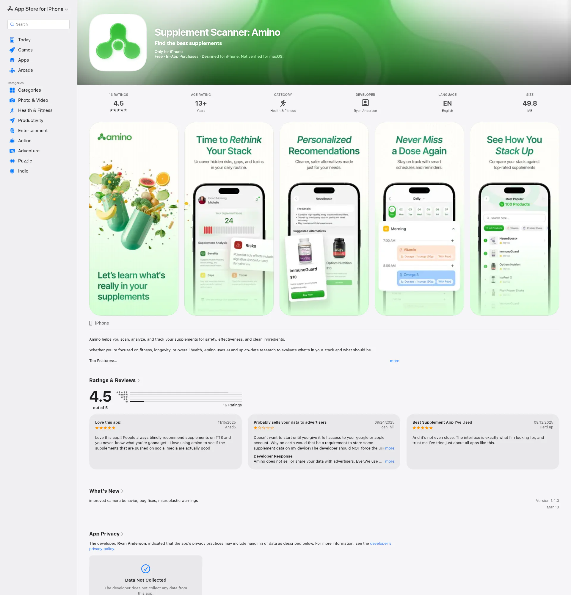 Amino: Supplement Scanner landing page