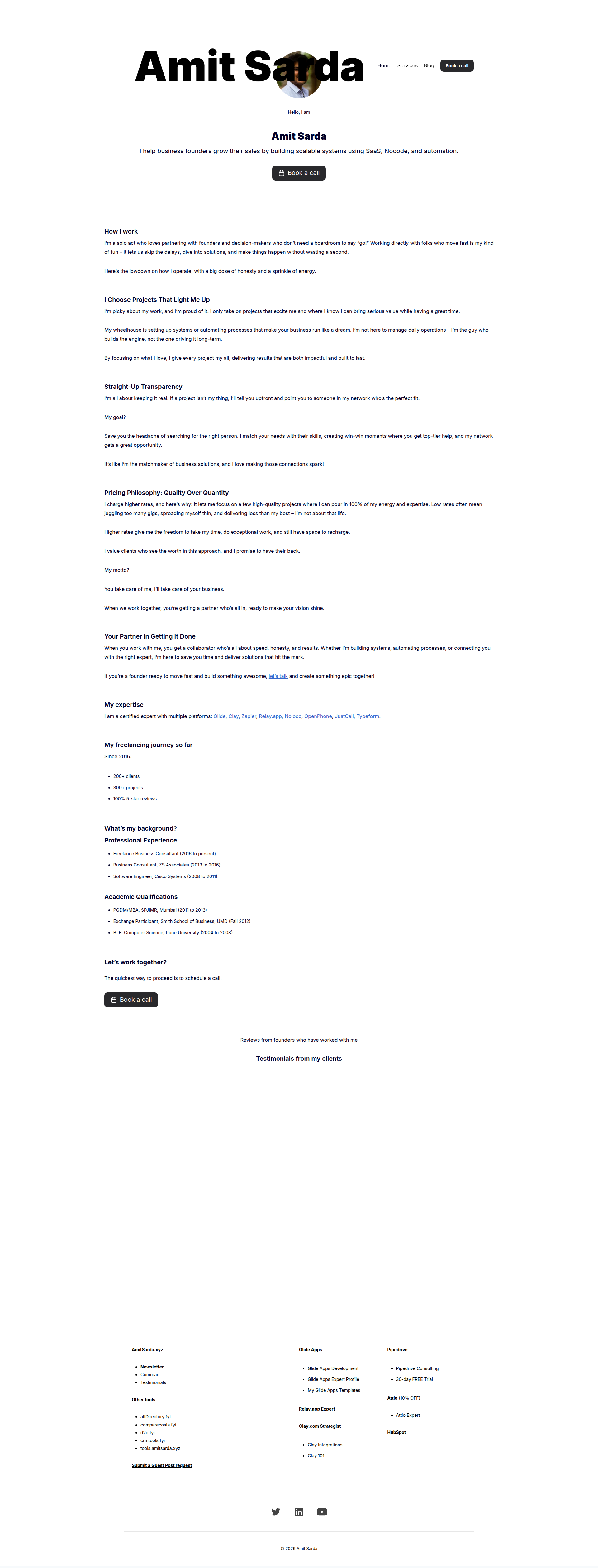 Landing page screenshot for amitsarda.xyz, 1920 by 5029 pixels