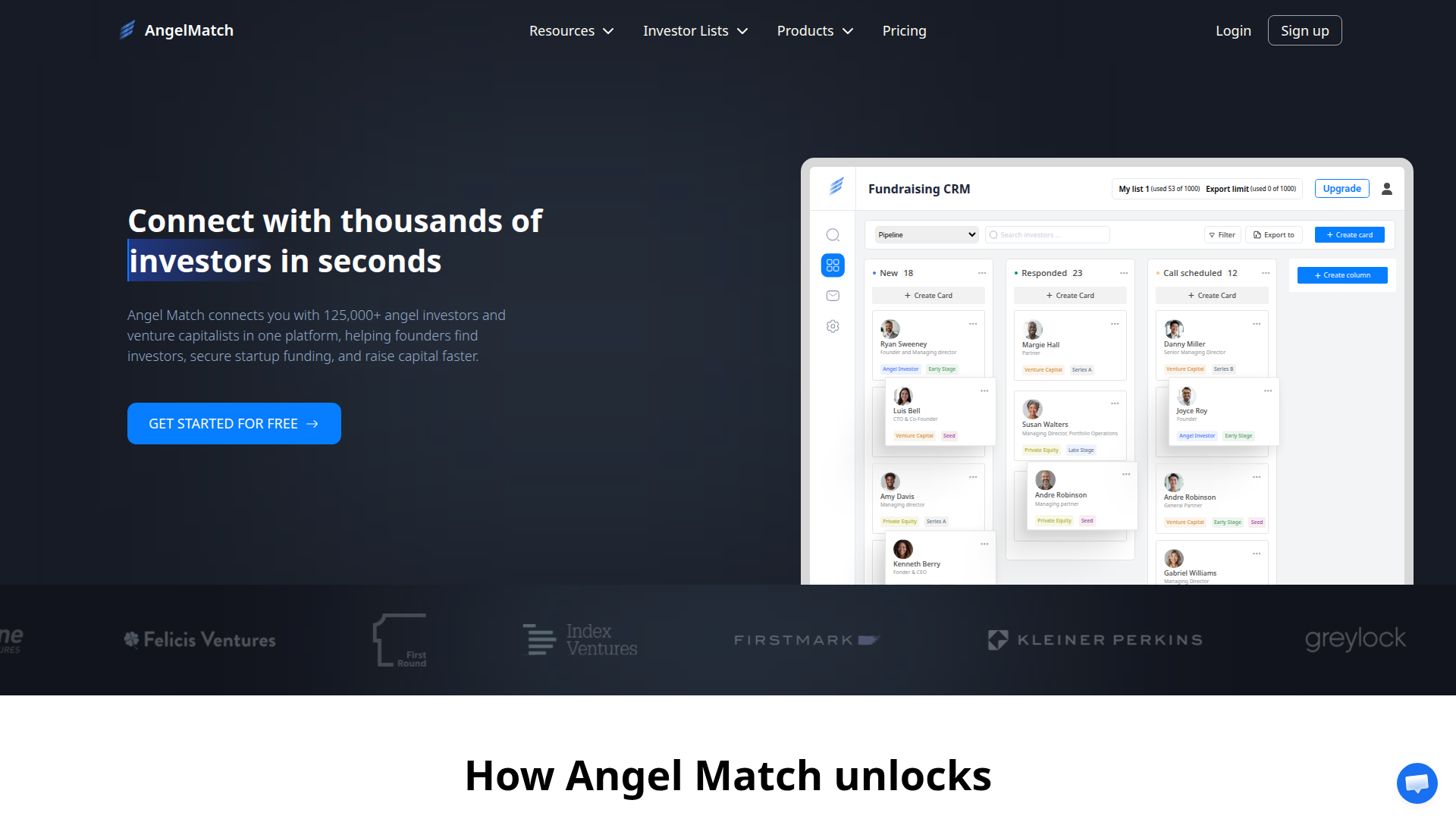 Landing page screenshot for angelmatch.io, 1920 by 1080 pixels