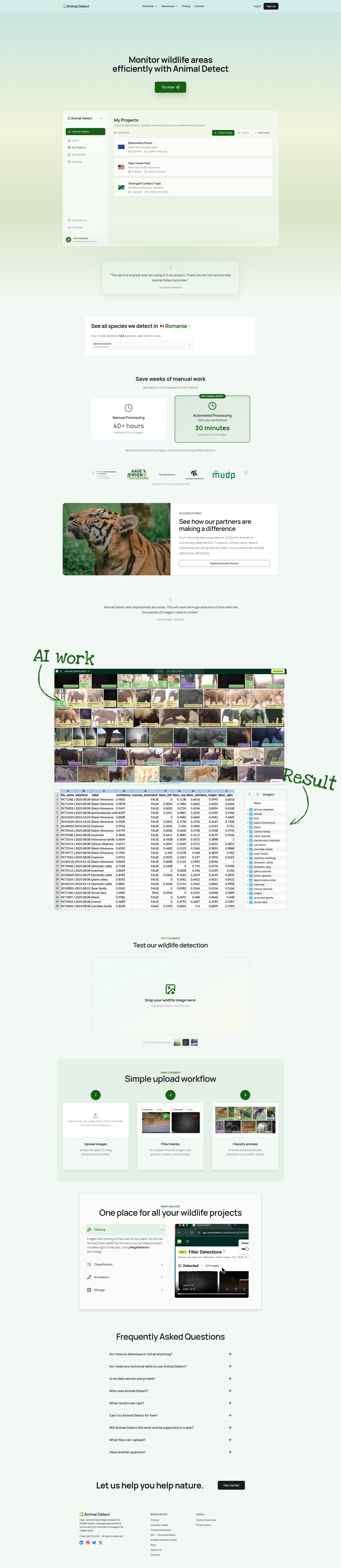 Landing page screenshot for animaldetect.com, 1920 by 8831 pixels