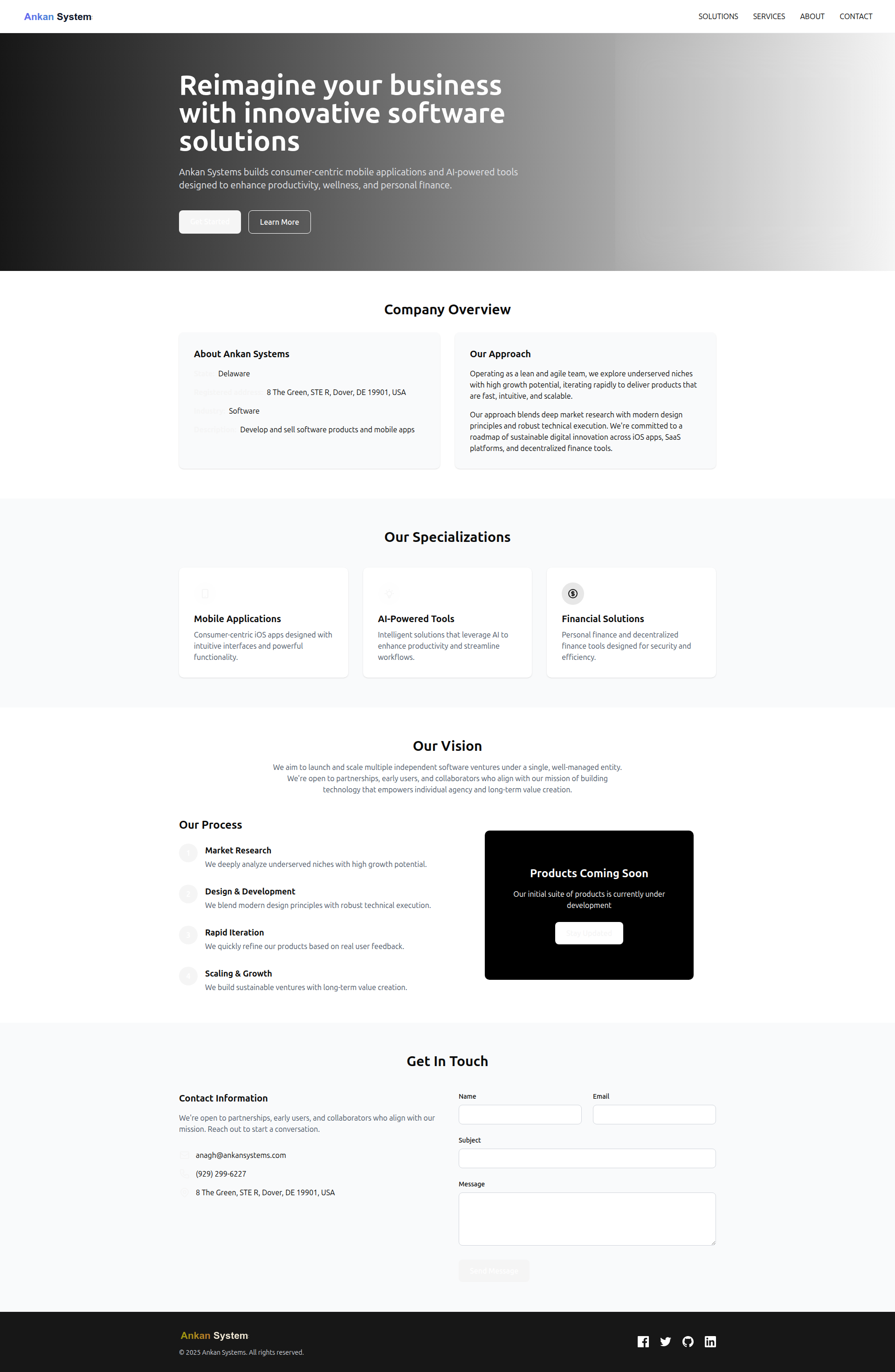 Landing page screenshot for ankansystems.com, 1920 by 2942 pixels