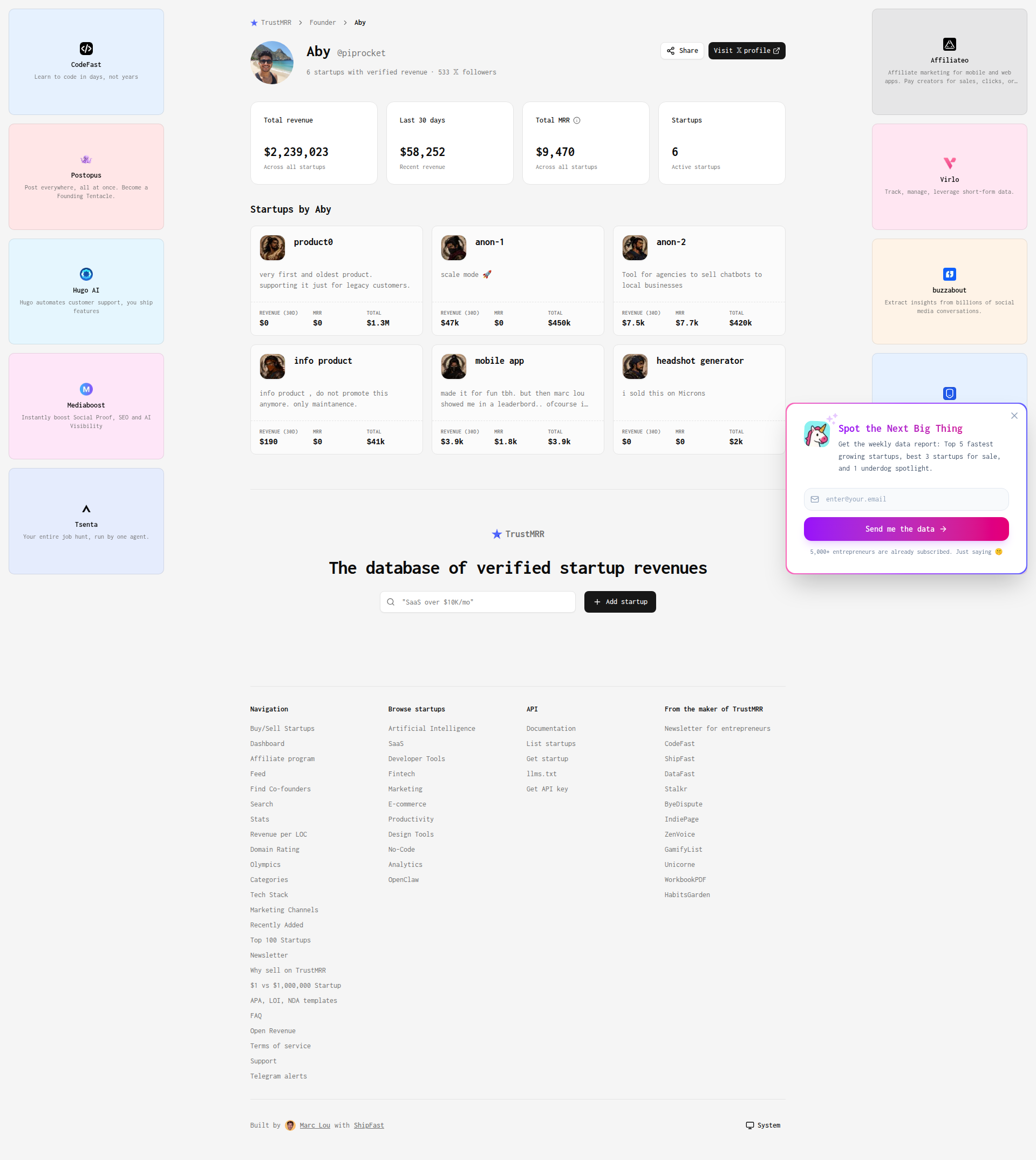 Landing page screenshot for trustmrr.com, 1920 by 2149 pixels