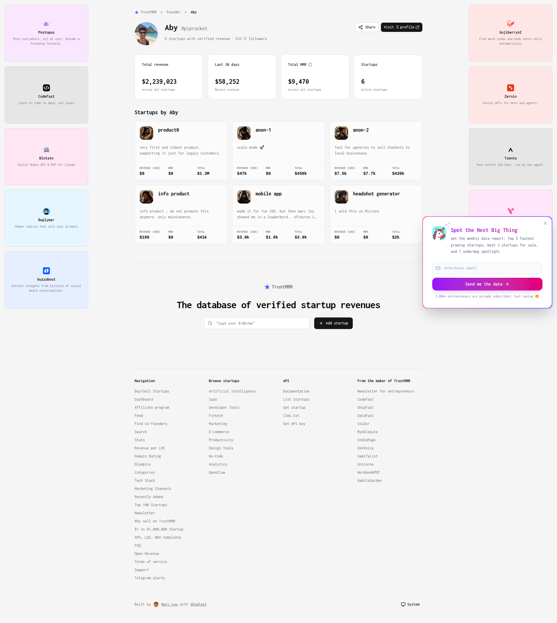 Landing page screenshot for trustmrr.com, 1920 by 2149 pixels