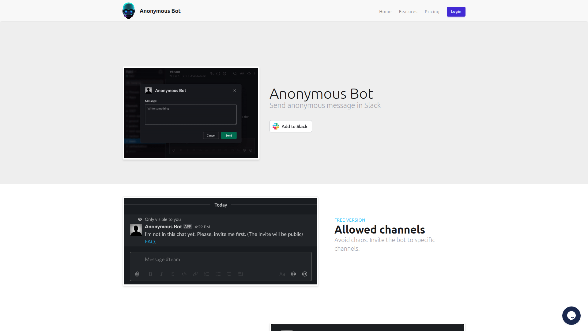 Landing page screenshot for anonymousbot.com, 1920 by 1080 pixels