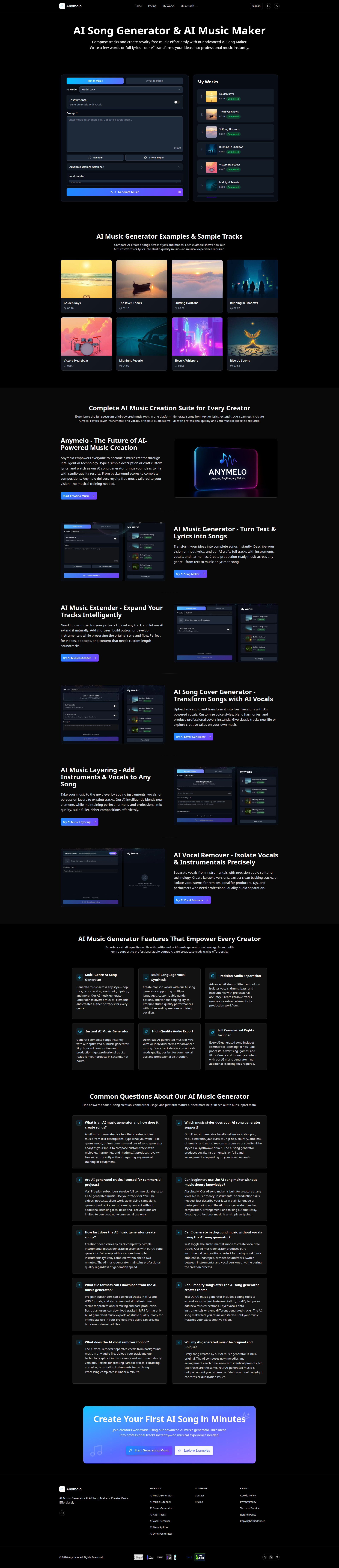 Landing page screenshot for anymelo.ai, 1920 by 8877 pixels