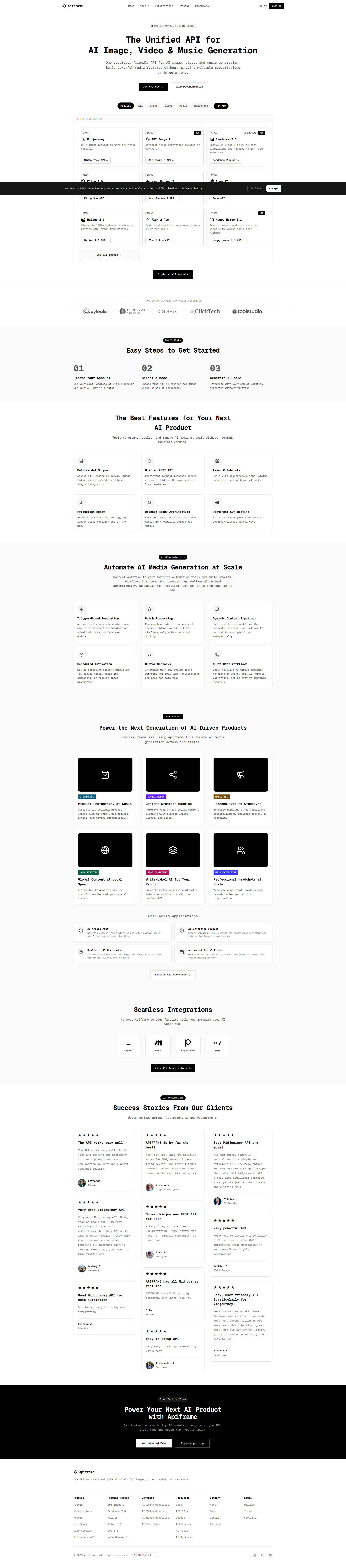 Landing page screenshot for apiframe.ai, 1920 by 8690 pixels
