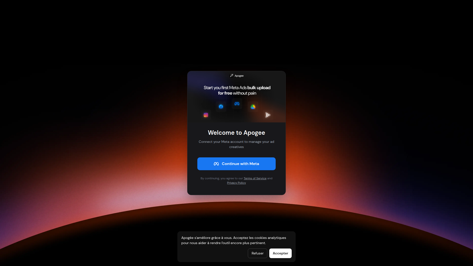 Landing page screenshot for app.apogee.ad, 1920 by 1080 pixels