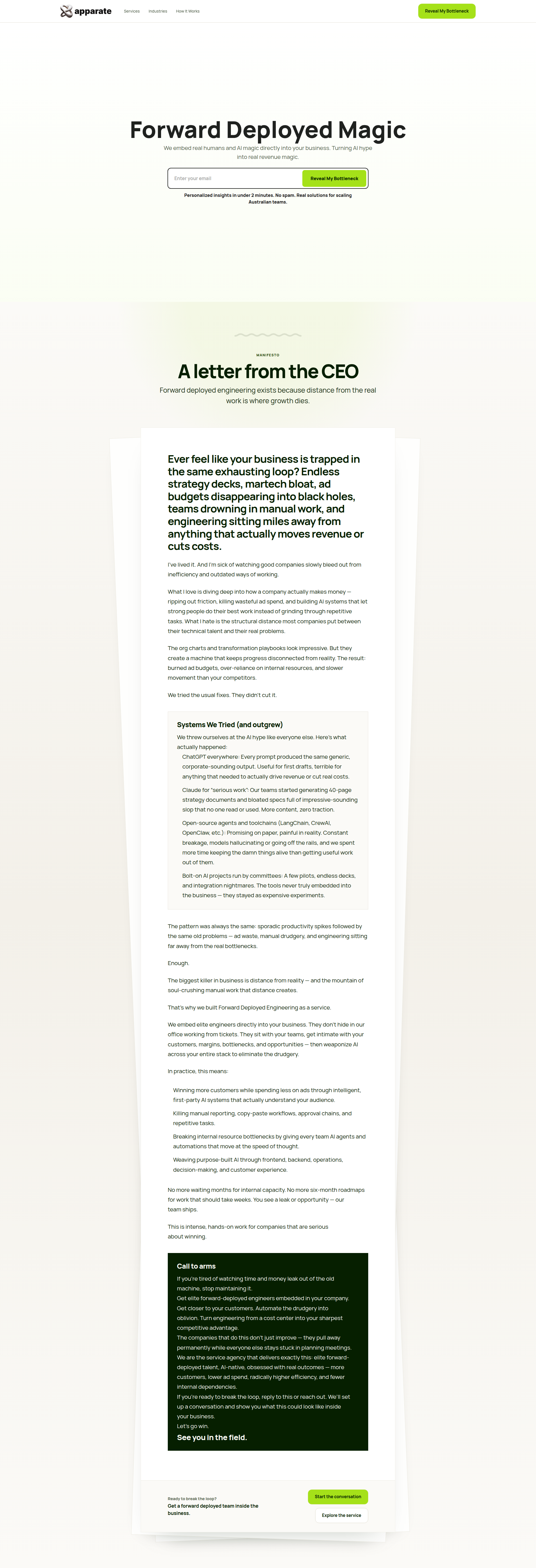 Landing page screenshot for apparate.com.au, 1920 by 5615 pixels