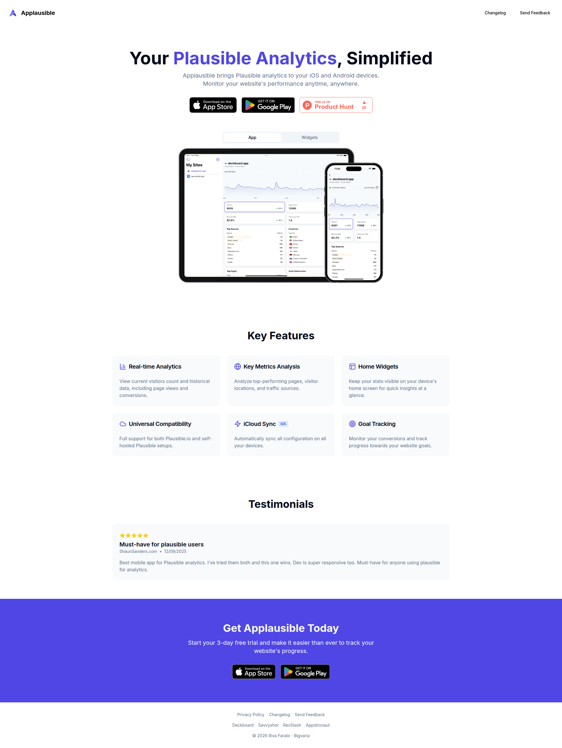 Landing page screenshot for applausible.app, 1920 by 2557 pixels