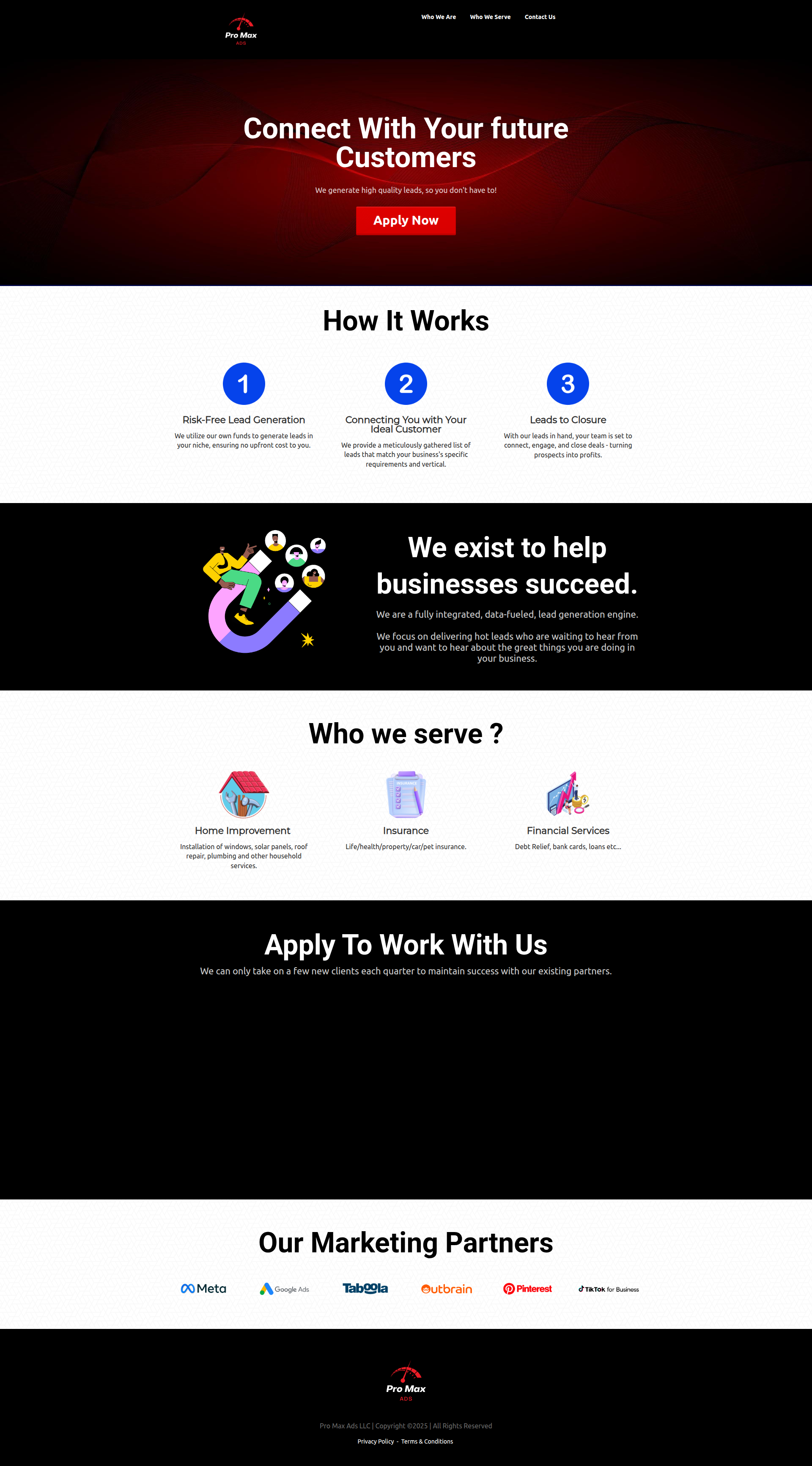 Landing page screenshot for promaxads.com, 1920 by 3465 pixels