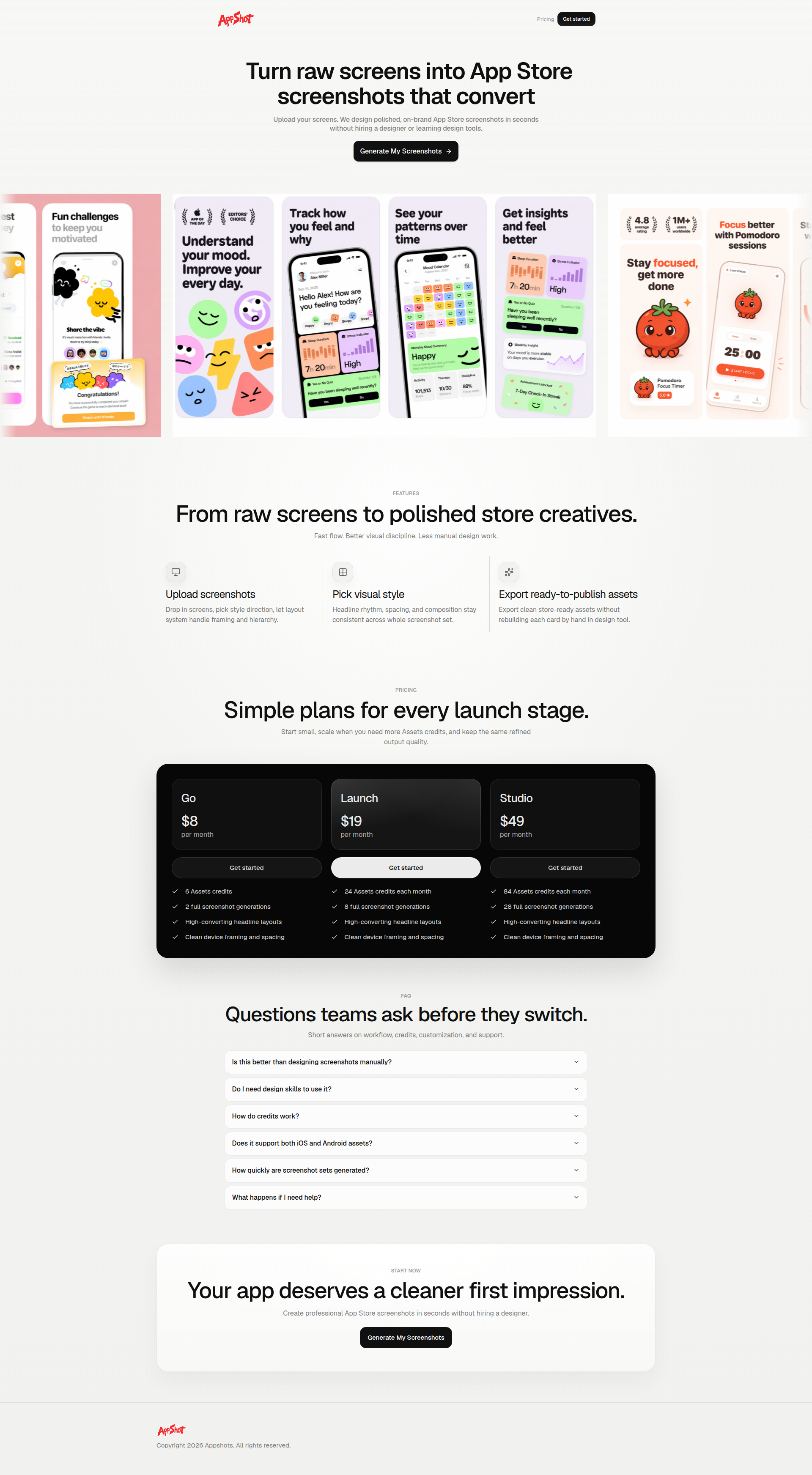 Landing page screenshot for appshots.me, 1920 by 3488 pixels
