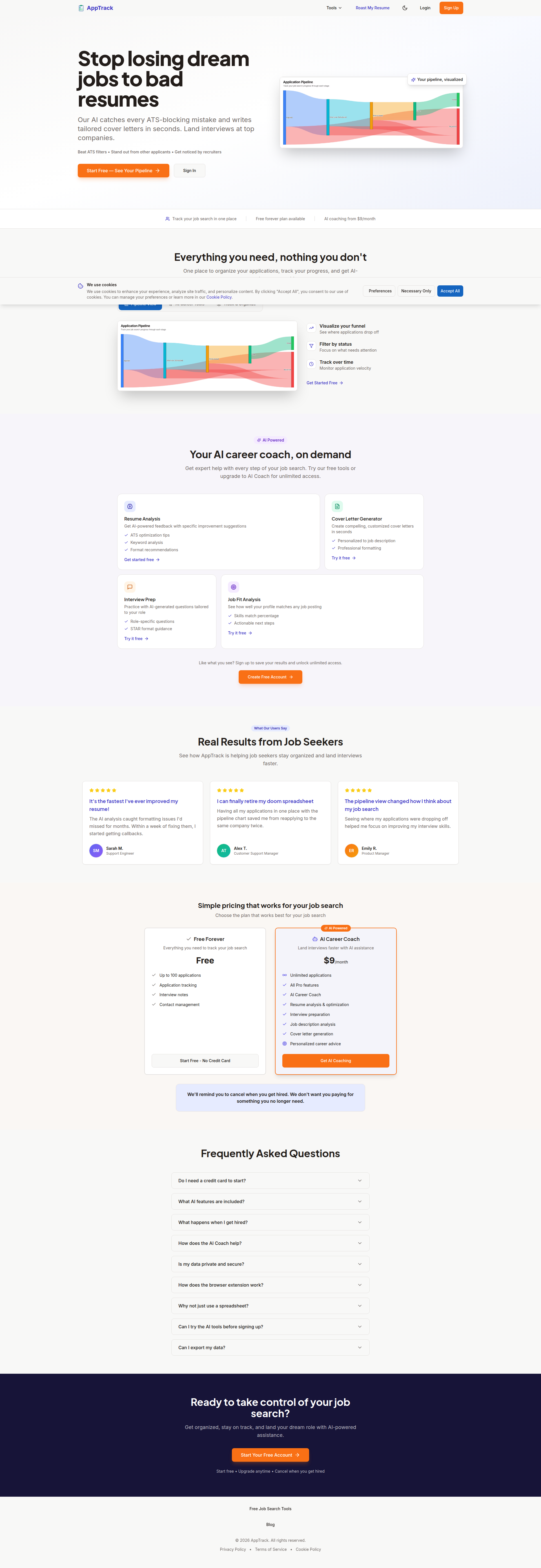 Landing page screenshot for apptrack.ing, 1920 by 5561 pixels