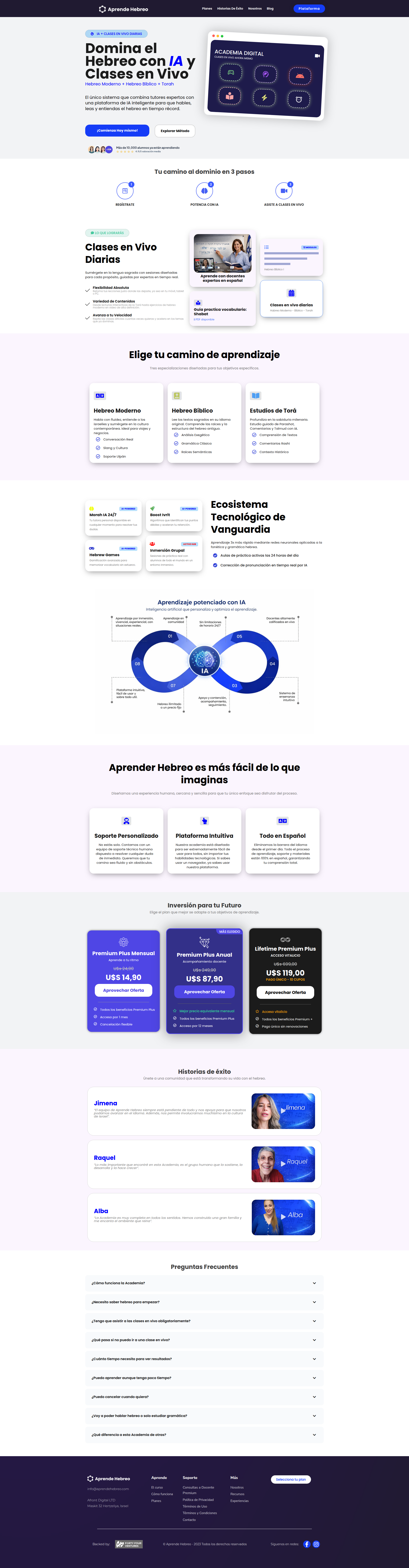 Landing page screenshot for aprendehebreo.com, 1920 by 7361 pixels