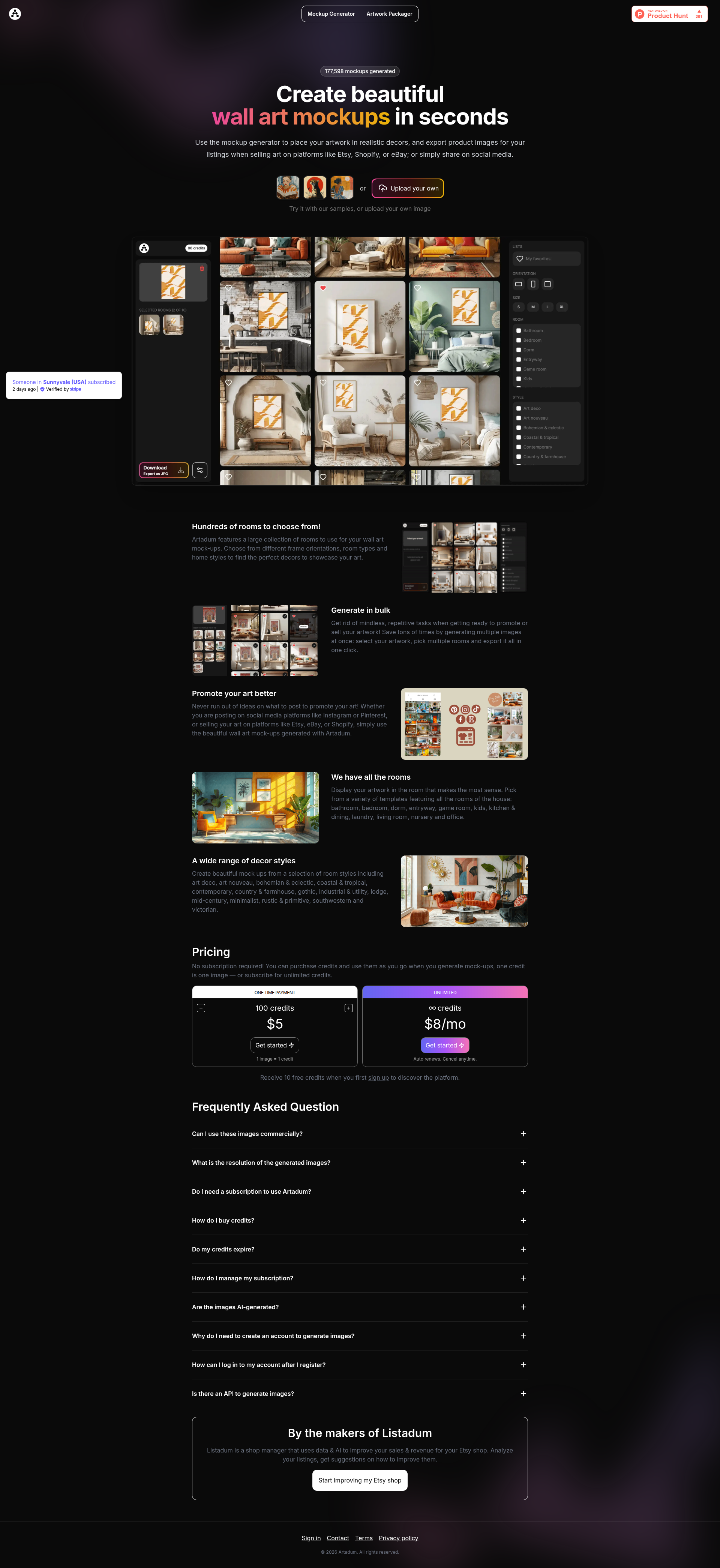 Landing page screenshot for artadum.com, 1920 by 4181 pixels