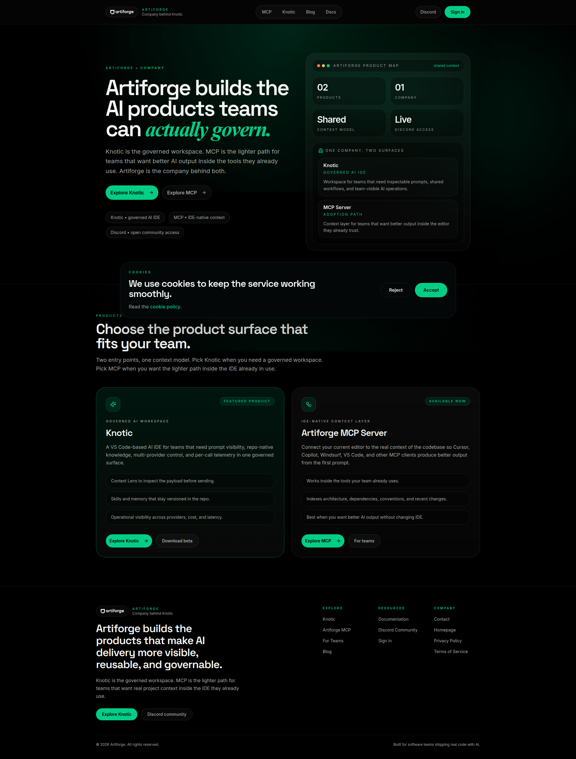 Landing page screenshot for artiforge.ai, 1920 by 2530 pixels