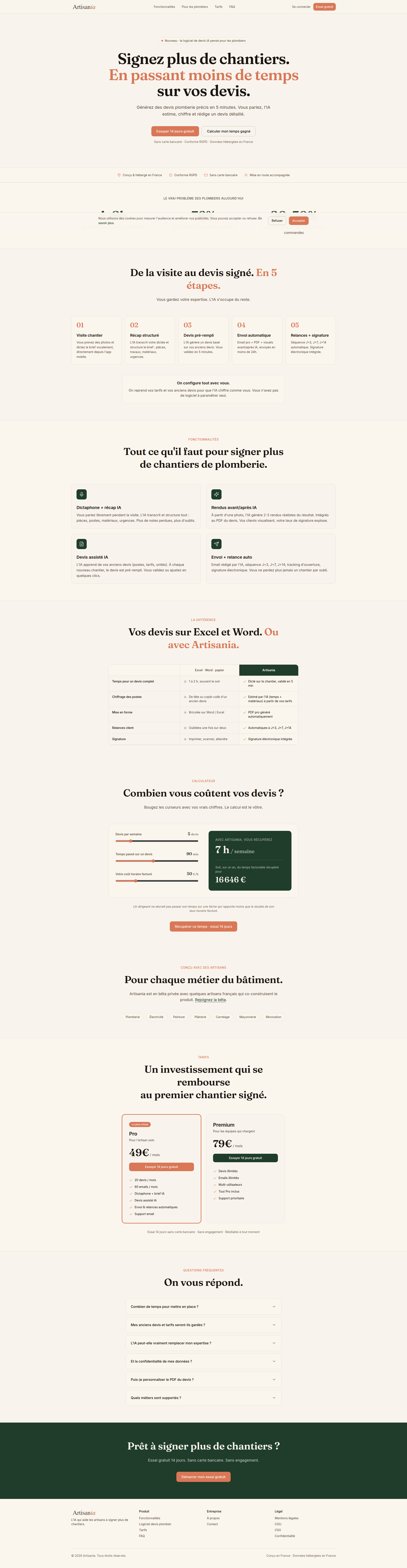 Landing page screenshot for artisania.app, 1920 by 7396 pixels