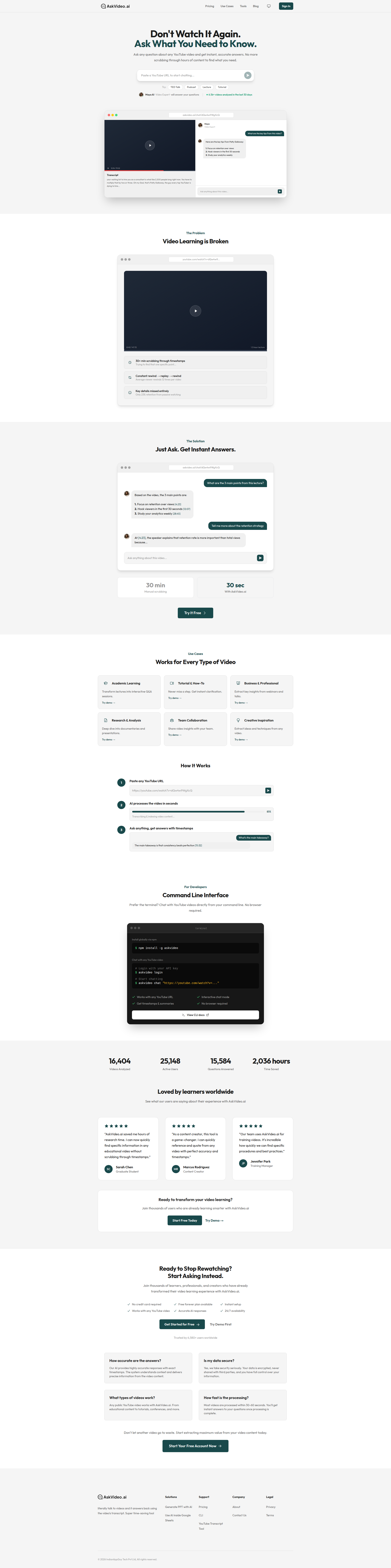 Landing page screenshot for askvideo.ai, 1920 by 7700 pixels
