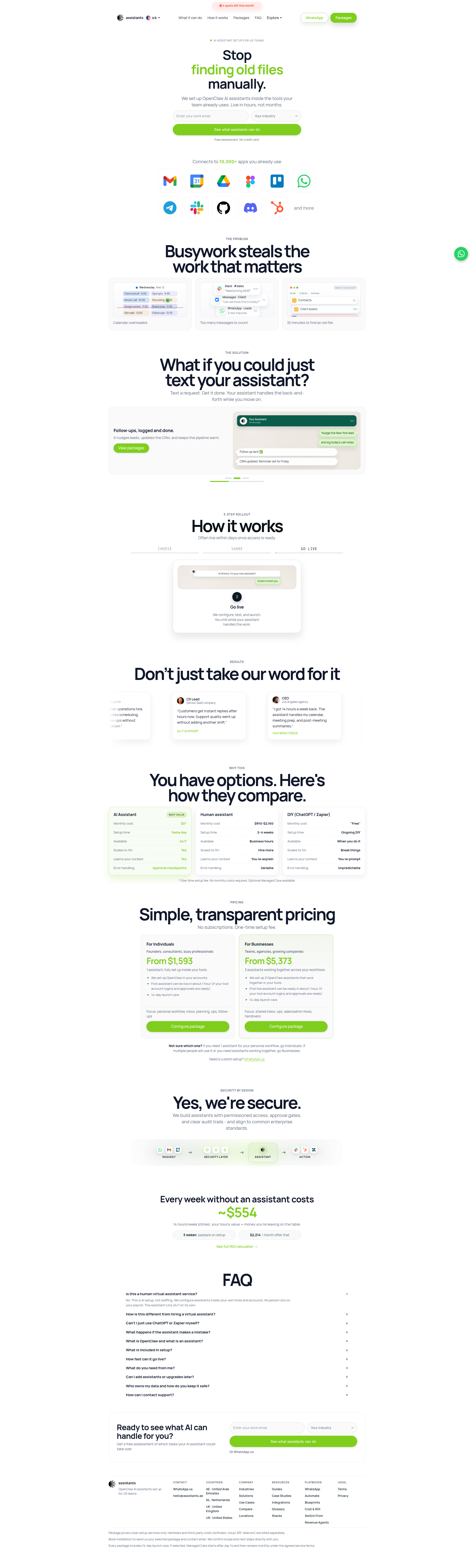 Landing page screenshot for assistants.ae, 1920 by 6351 pixels